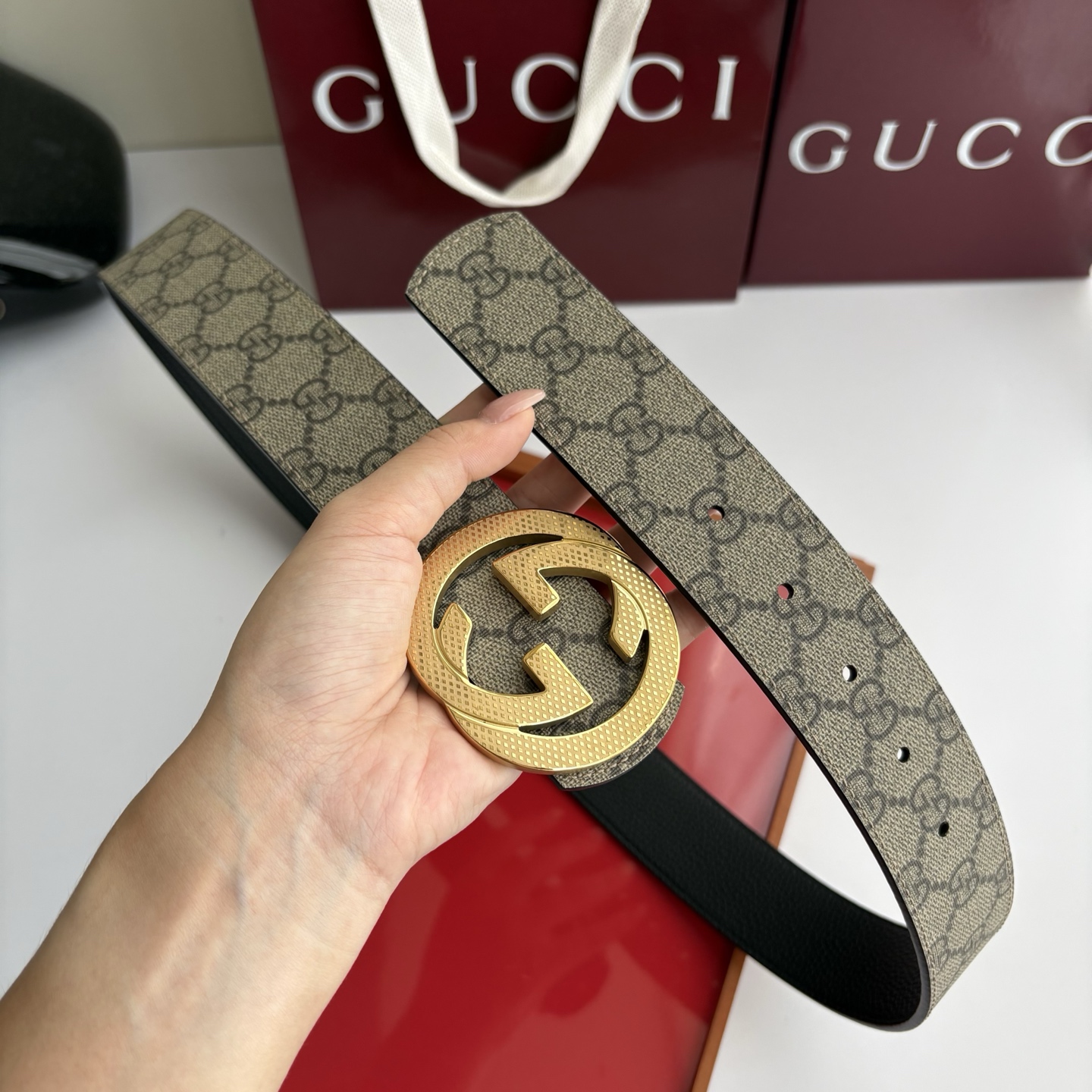 Gucci 经典原单品质，经典印花Pvc面搭配黑色荔枝纹底，纯钢挂扣，精工制作，细节看图，实物拍摄，高端奢华，宽度4.0