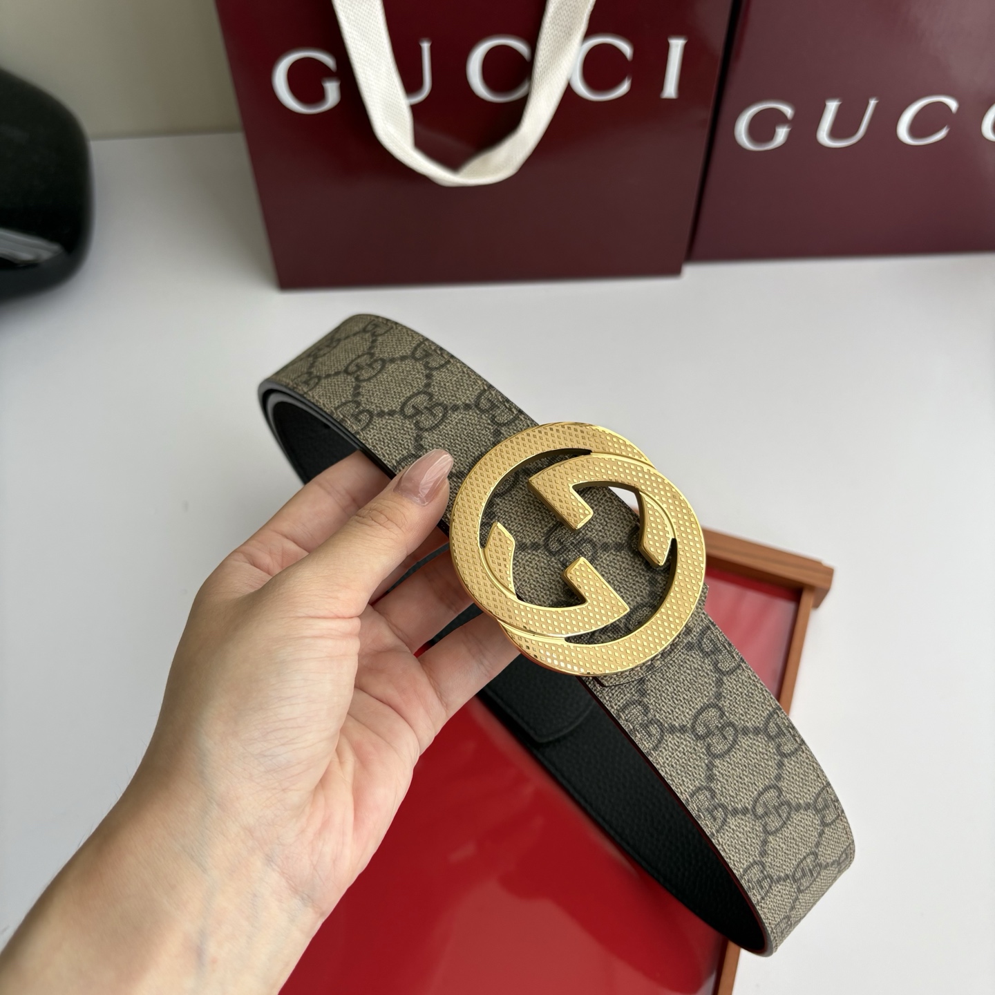 Gucci 经典原单品质，经典印花Pvc面搭配黑色荔枝纹底，纯钢挂扣，精工制作，细节看图，实物拍摄，高端奢华，宽度4.0