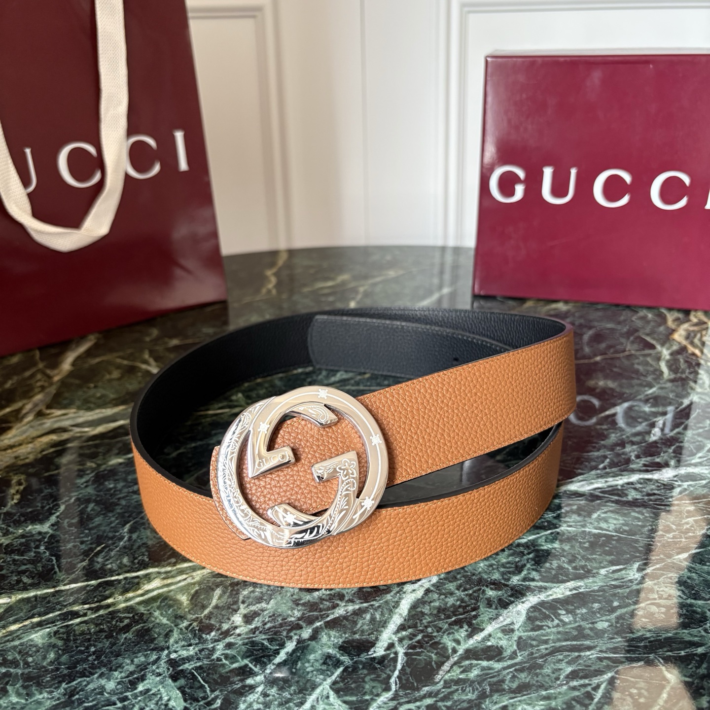 Gucci 经典原单品质，黑土黄双面荔枝纹，精品钢扣，精工制作，细节看图，实物拍摄，高端奢华，宽度4.0cm
