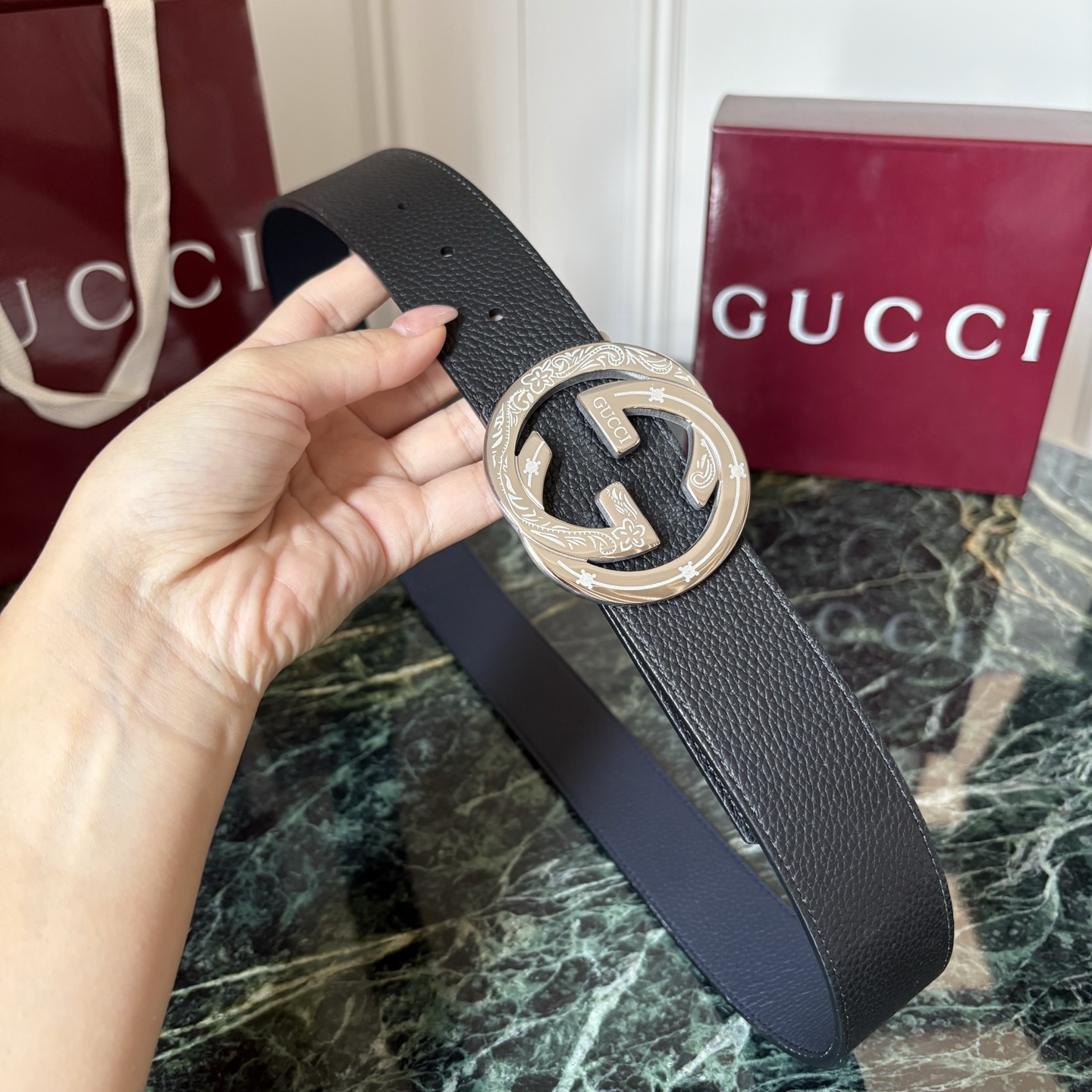 Gucci 经典原单品质，黑蓝双面荔枝纹，精品钢扣，精工制作，细节看图，实物拍摄，高端奢华，宽度4.0cm