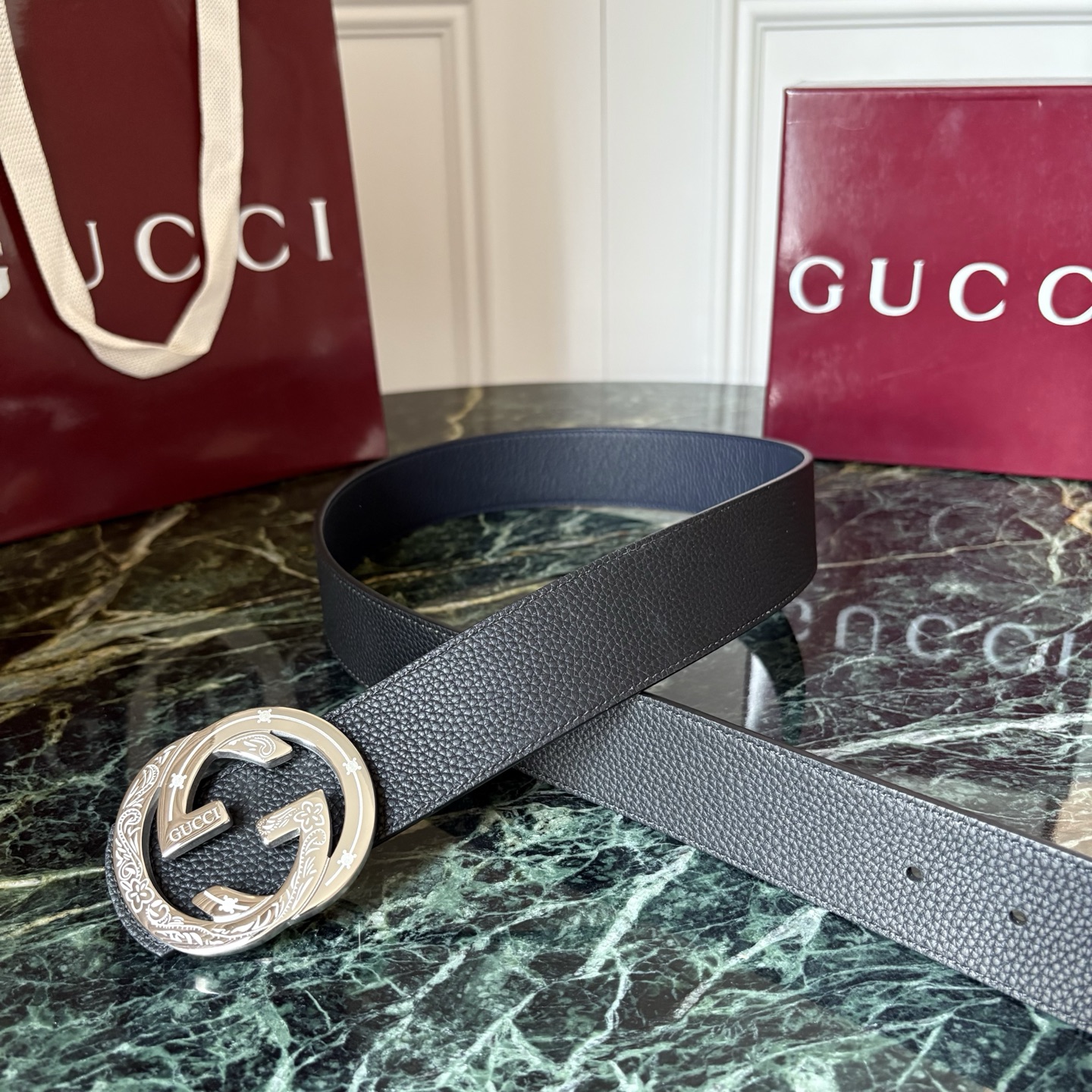 Gucci 经典原单品质，黑蓝双面荔枝纹，精品钢扣，精工制作，细节看图，实物拍摄，高端奢华，宽度4.0cm