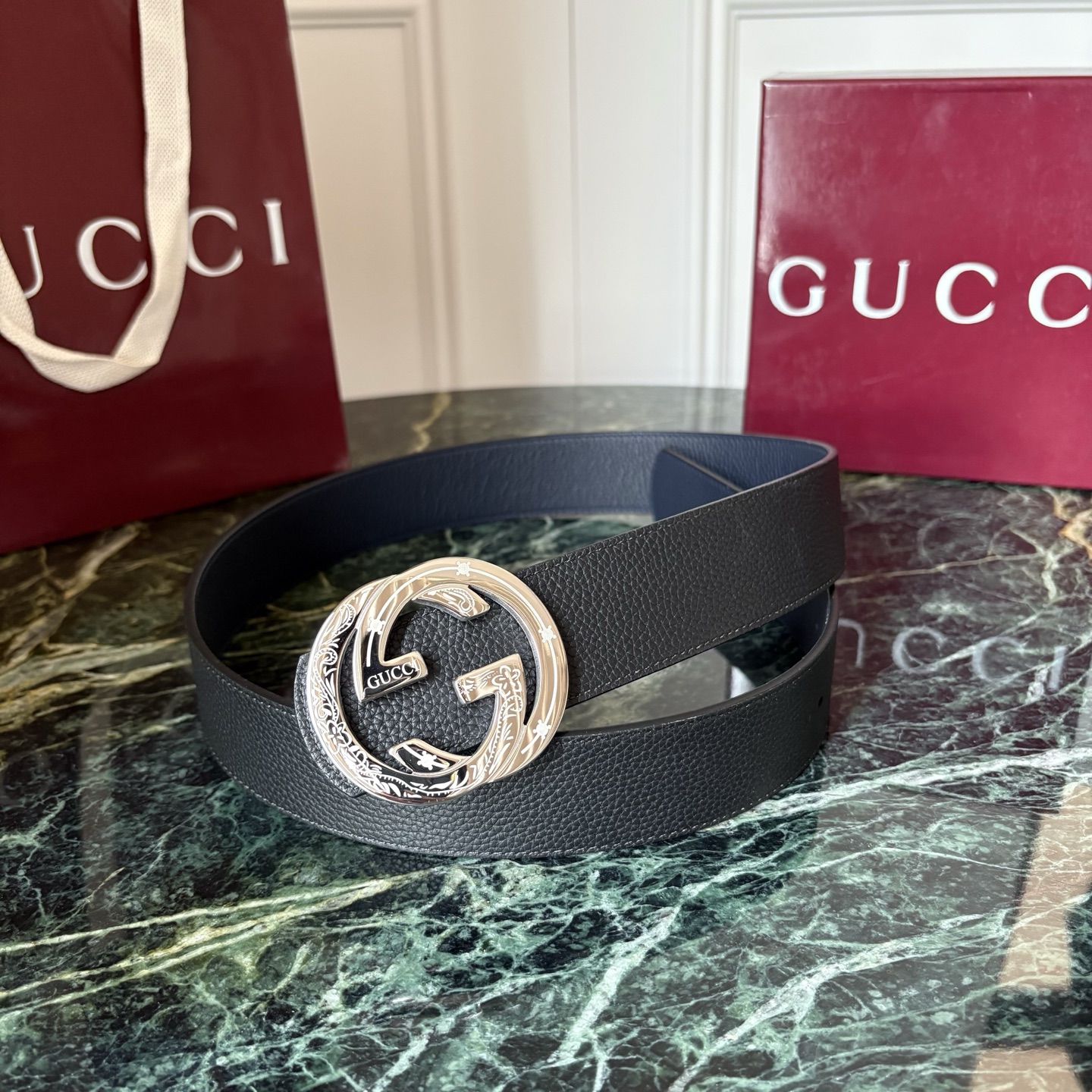 Gucci 经典原单品质，黑蓝双面荔枝纹，精品钢扣，精工制作，细节看图，实物拍摄，高端奢华，宽度4.0cm