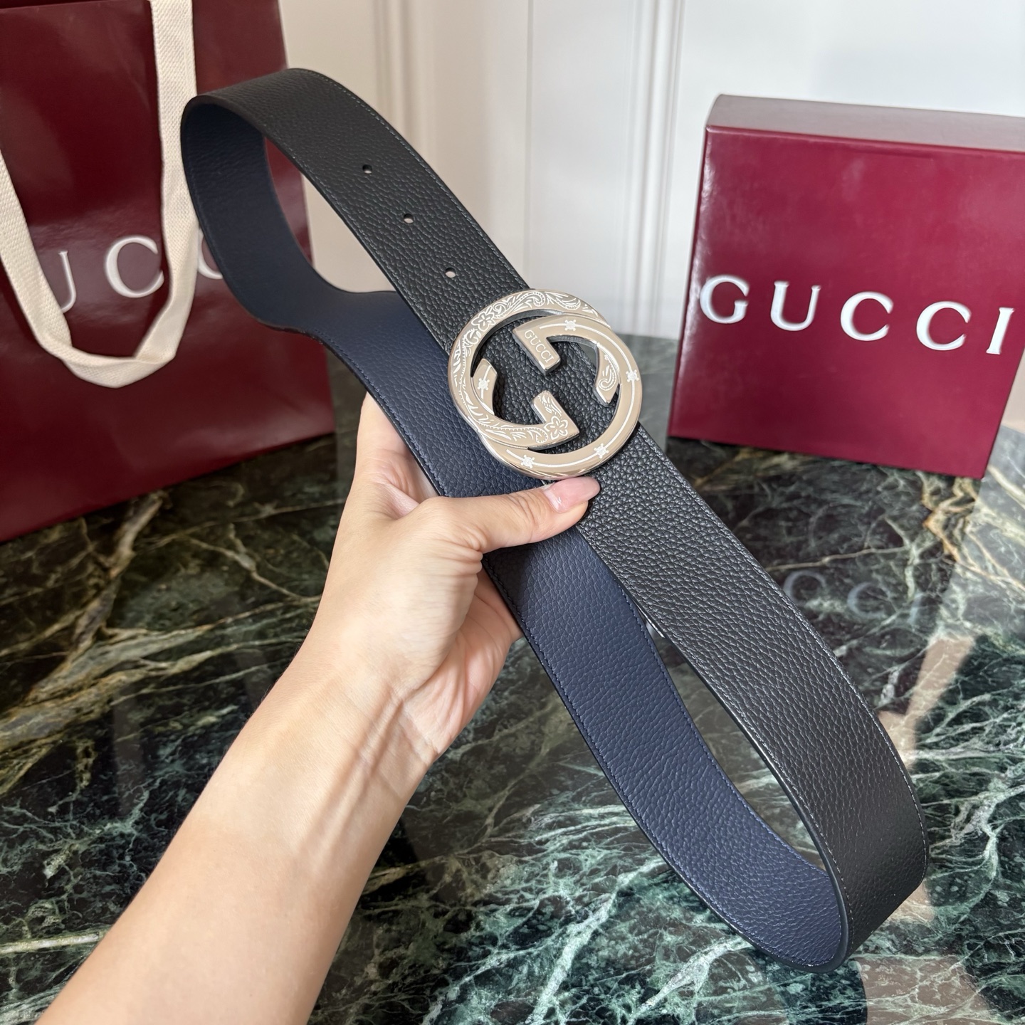 Gucci 经典原单品质，黑蓝双面荔枝纹，精品钢扣，精工制作，细节看图，实物拍摄，高端奢华，宽度4.0cm