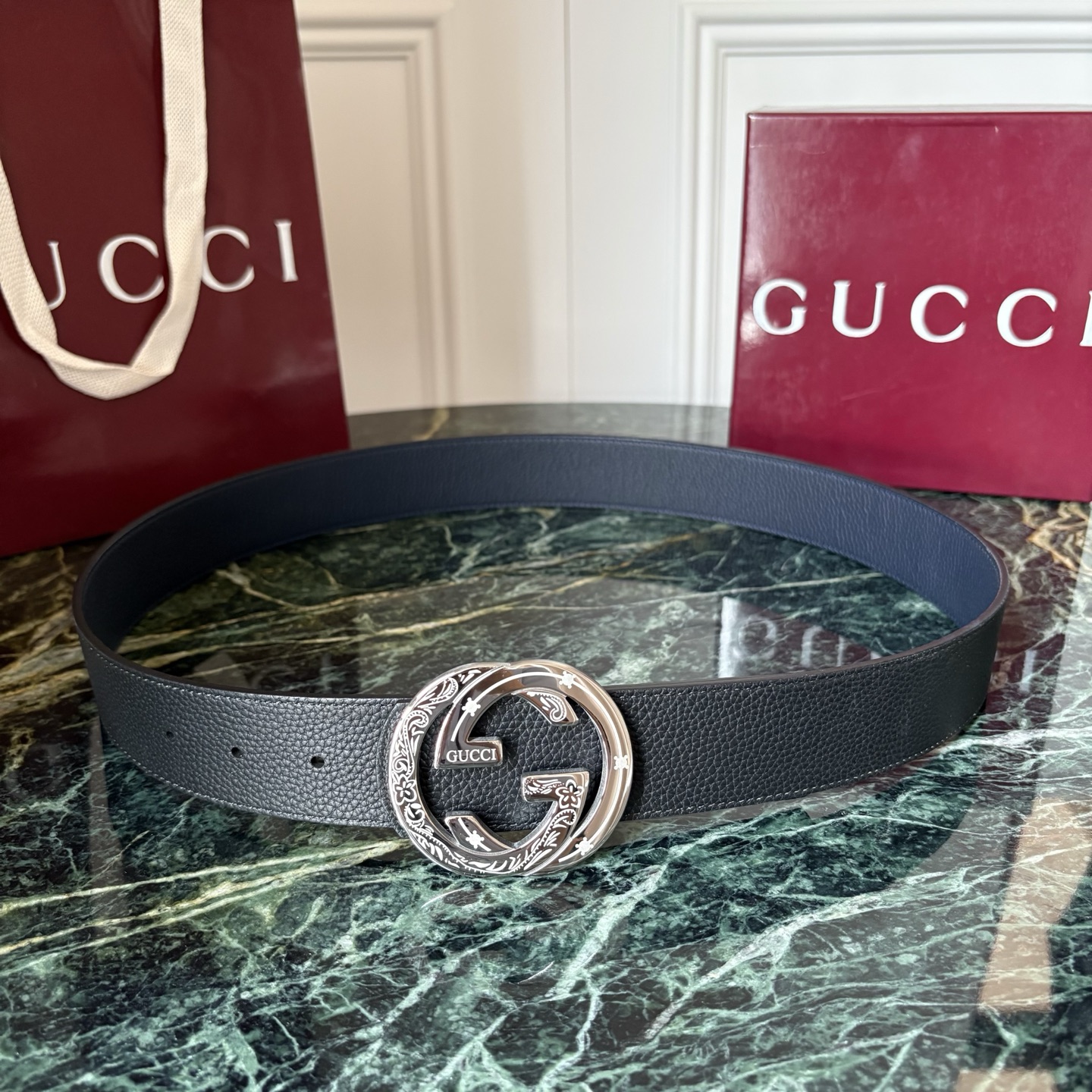 Gucci 经典原单品质，黑蓝双面荔枝纹，精品钢扣，精工制作，细节看图，实物拍摄，高端奢华，宽度4.0cm