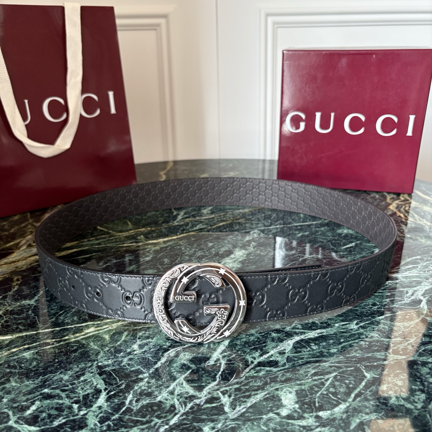 Gucci 经典原单品质，黑色压大花面搭配咖色压小花底，精品钢扣，精工制作，细节看图，实物拍摄，高端奢华，宽度4.0cm