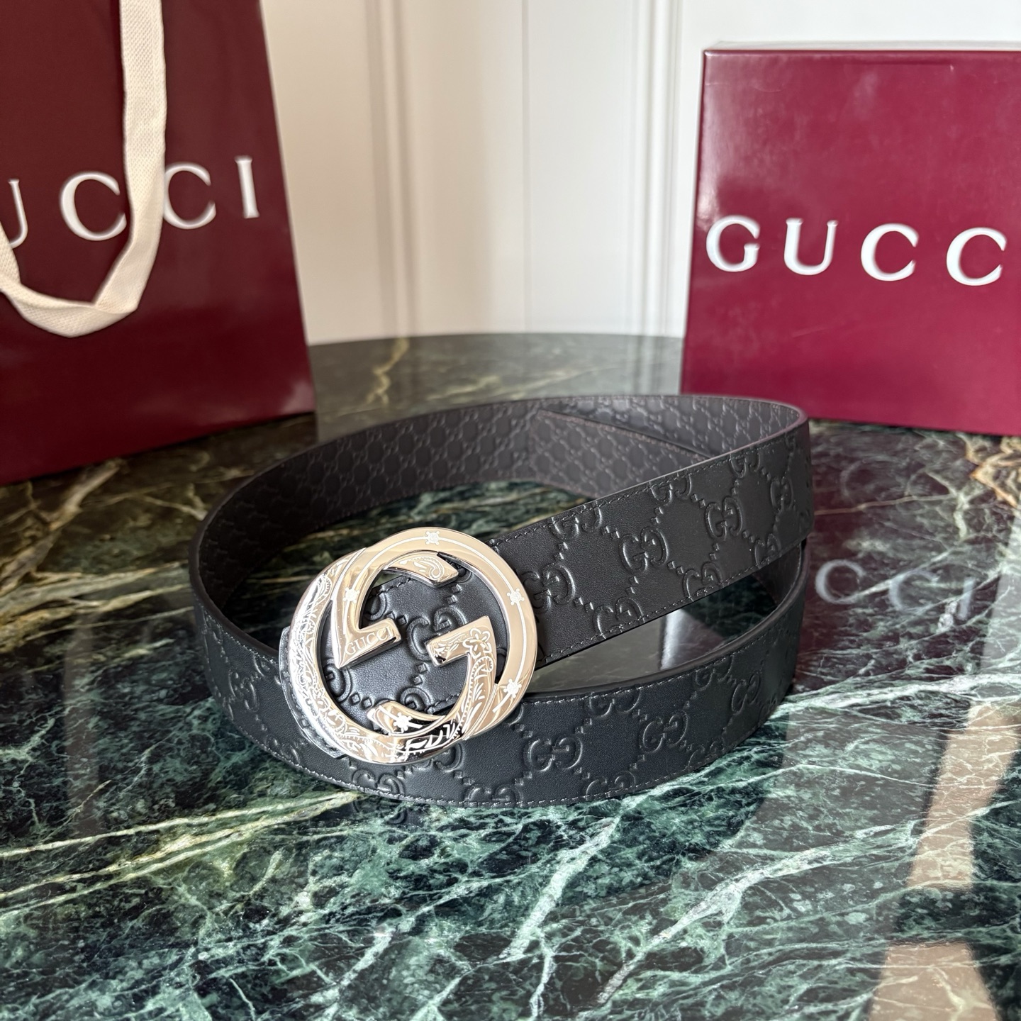 Gucci 经典原单品质，黑色压大花面搭配咖色压小花底，精品钢扣，精工制作，细节看图，实物拍摄，高端奢华，宽度4.0cm