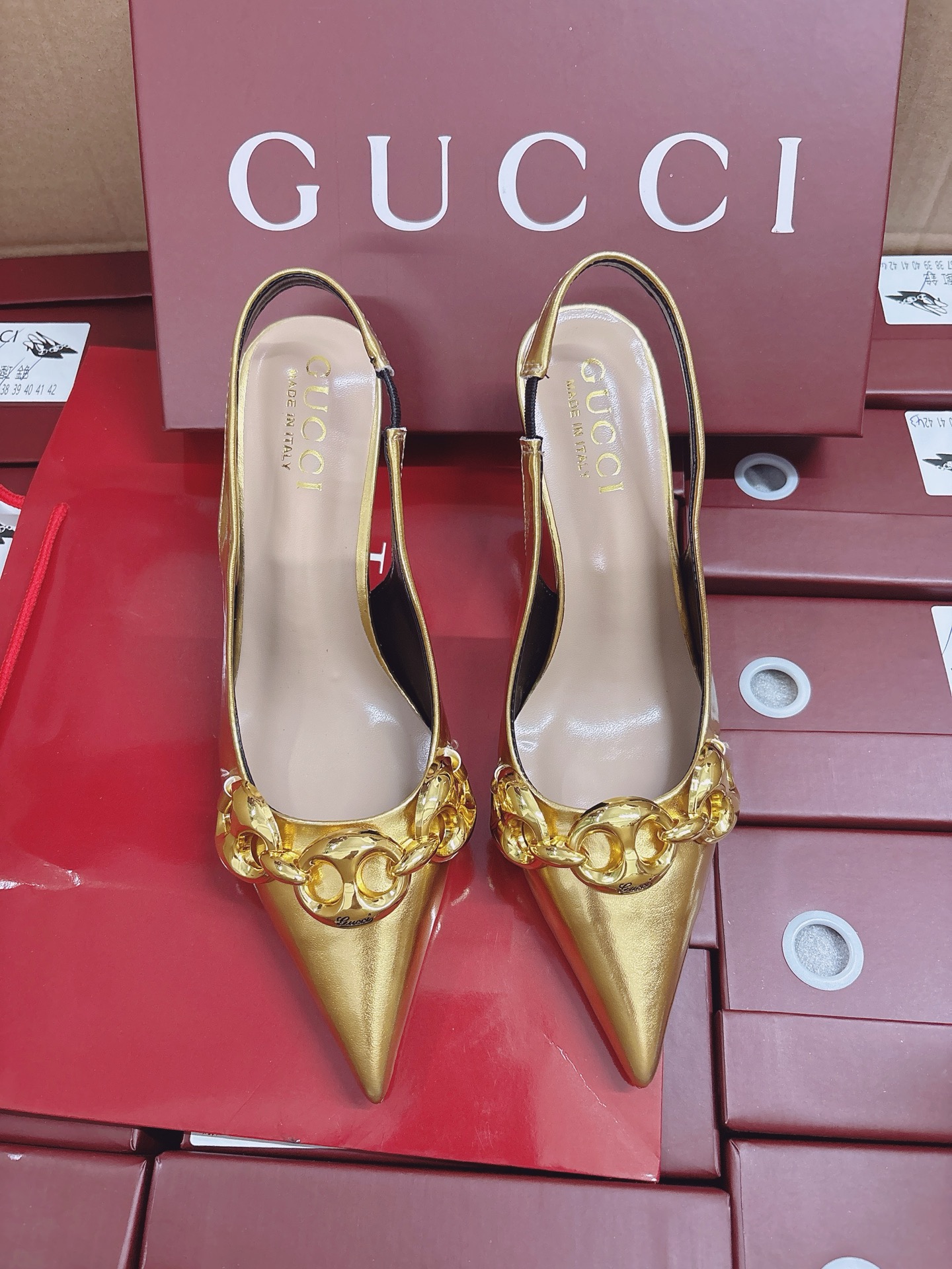 Gucci Gold Chain Kitten Heel Slingbacks Pointed Toe Shoes Size 34-42