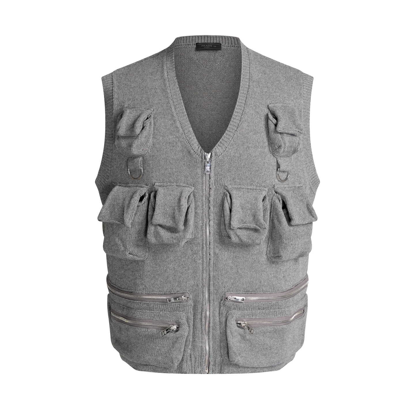 Prada Wool Blend Vest with Multiple Pockets and Zip Details - Gray
