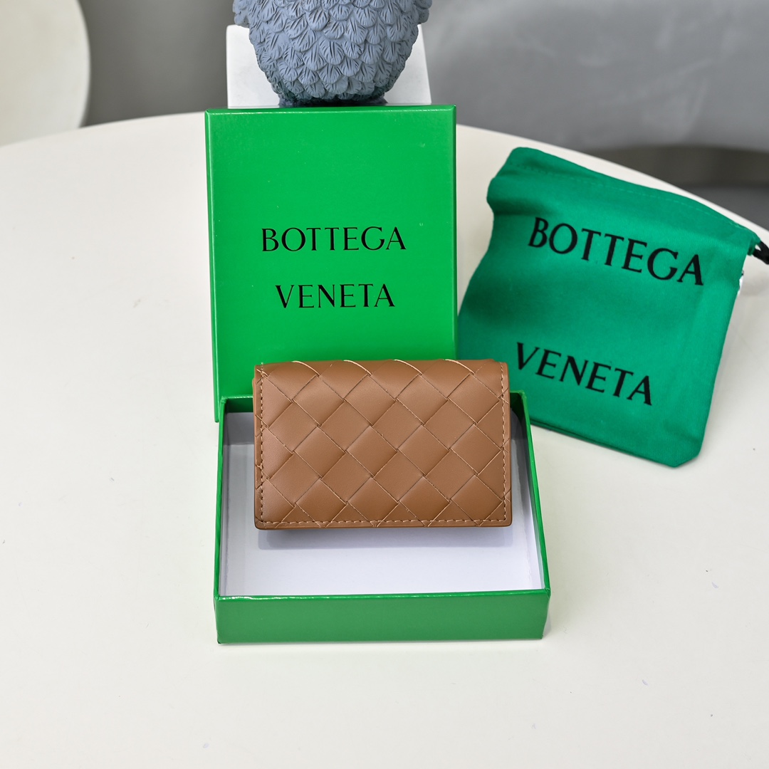 Bottega Veneta Intrecciato Card Case Calfskin Flap Button Two Compartments