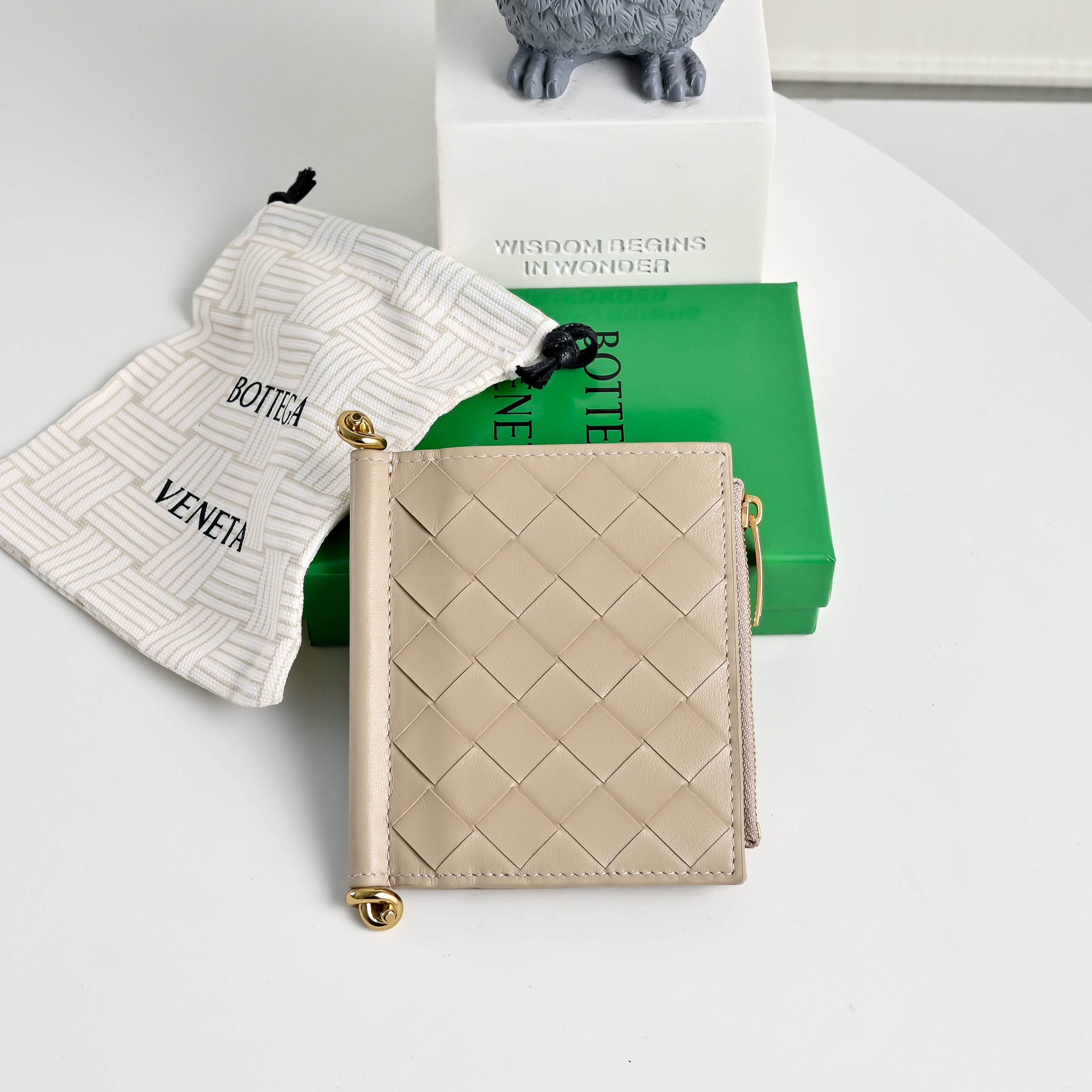 Bottega Veneta Solstice Compact Wallet Woven Leather Metal Hardware Snap Closure