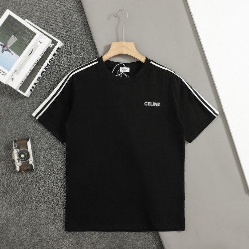 Celine Men's Black Cotton T-Shirt with White Shoulder Stripe Detail 1 Celine Men's Black Cotton T-Shirt with White Shoulder Stripe Detail