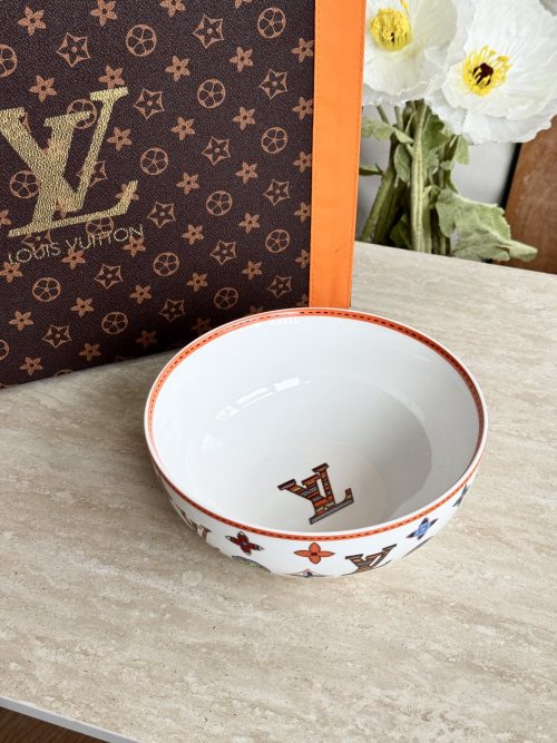 Louis Vuitton Monogram Pattern Porcelain Bowl, White, Stylish Tableware