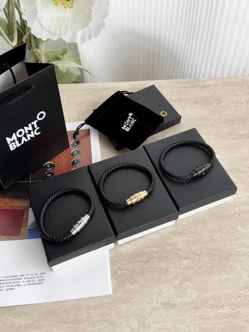 Montblanc Black Braided Leather Bracelet Stainless Steel Clasp Gift Set 1 Montblanc Black Braided Leather Bracelet Stainless Steel Clasp Gift Set