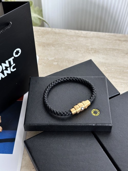 Montblanc Men's Black Leather Braided Bracelet with Gold-tone Clasp 1 Montblanc Men's Black Leather Braided Bracelet with Gold-tone Clasp