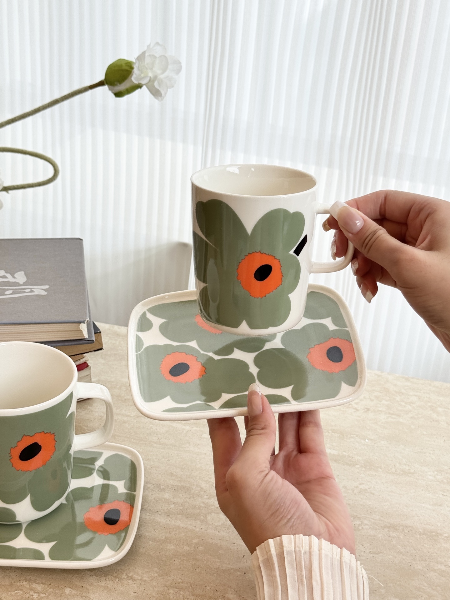 Marimekko Coffee Mug and Saucer Set, Unique Floral Pattern, Ceramic