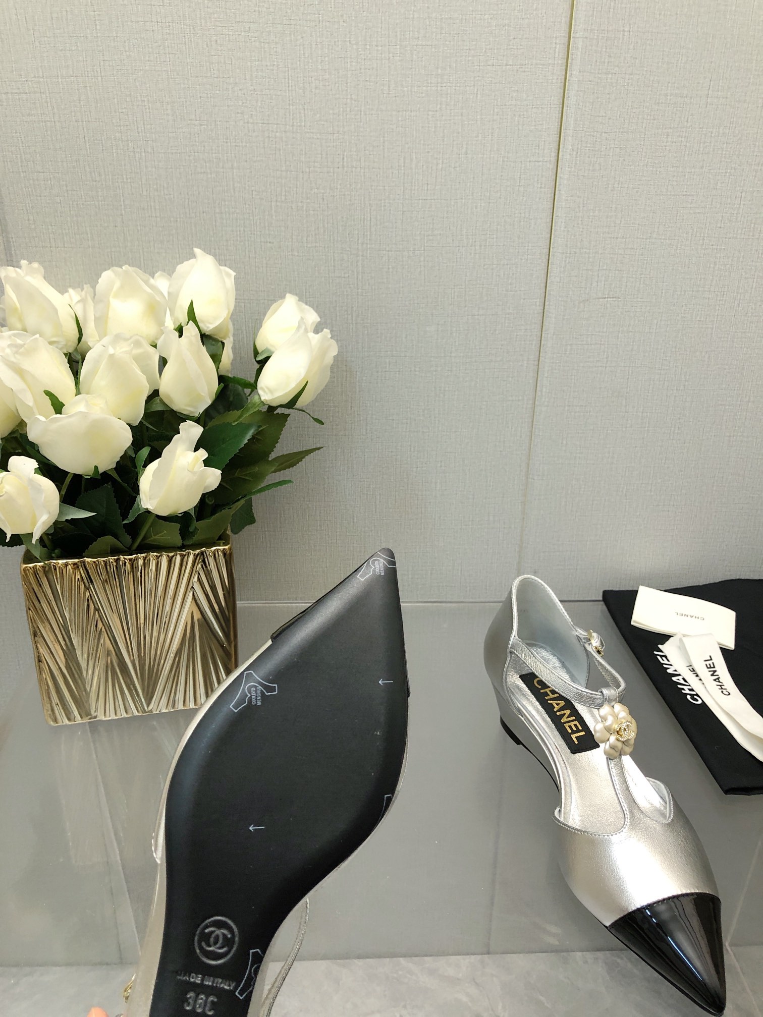 Chanel 25K Camellia T-Strap Silver Leather Wedge Sandals 8 i1701075276 9322 5