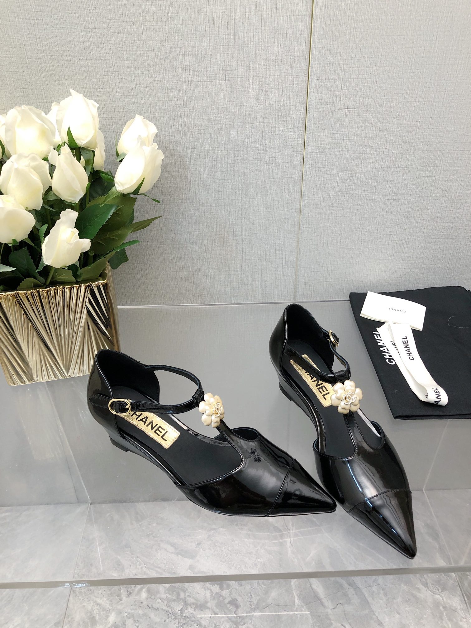 Chanel 25K Women's Black Lambskin Camellia T-Strap Wedge Sandals 6 i1701075379 4792 1