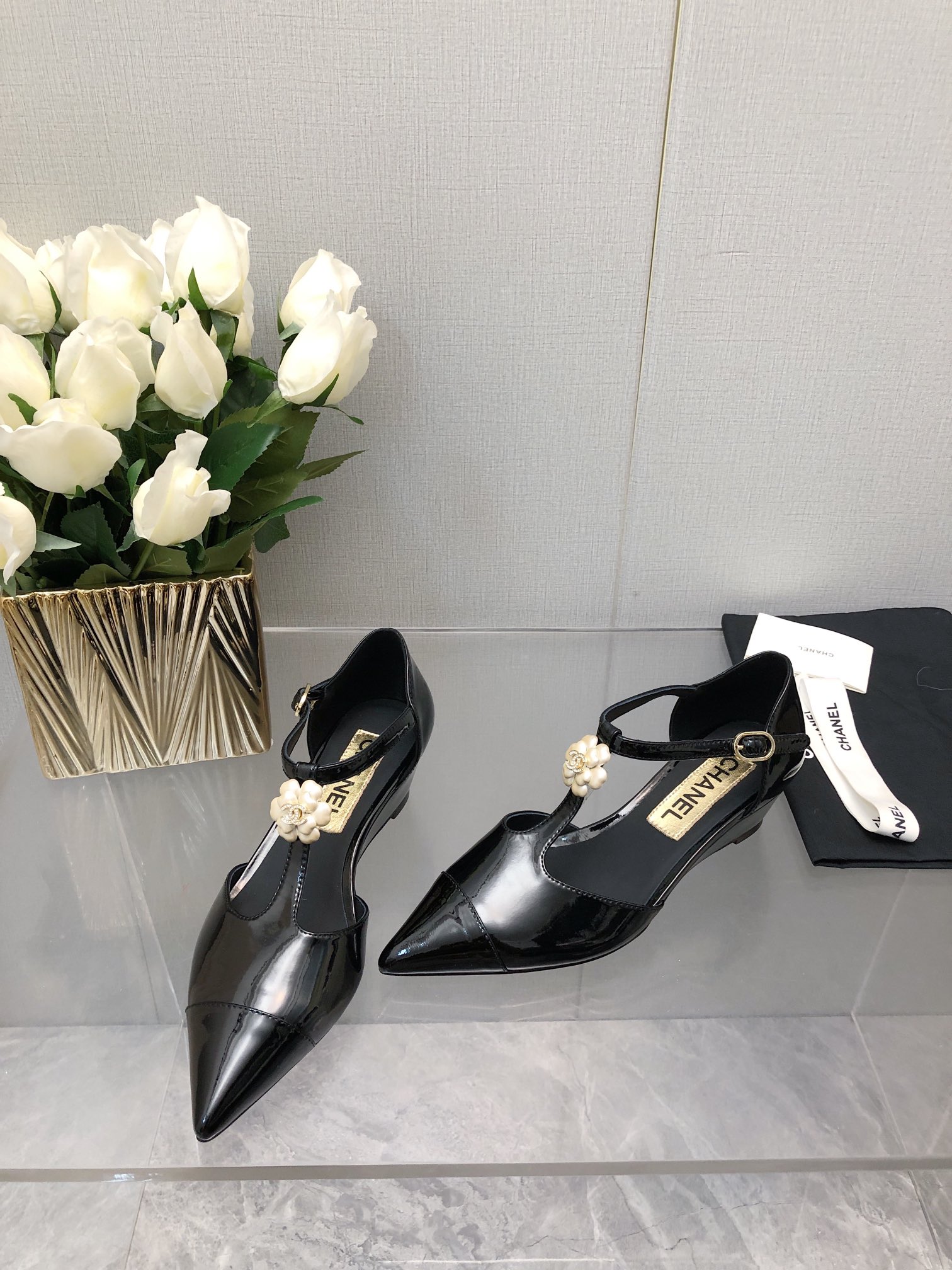 Chanel 25K Women's Black Lambskin Camellia T-Strap Wedge Sandals 5 i1701075379 6029 6