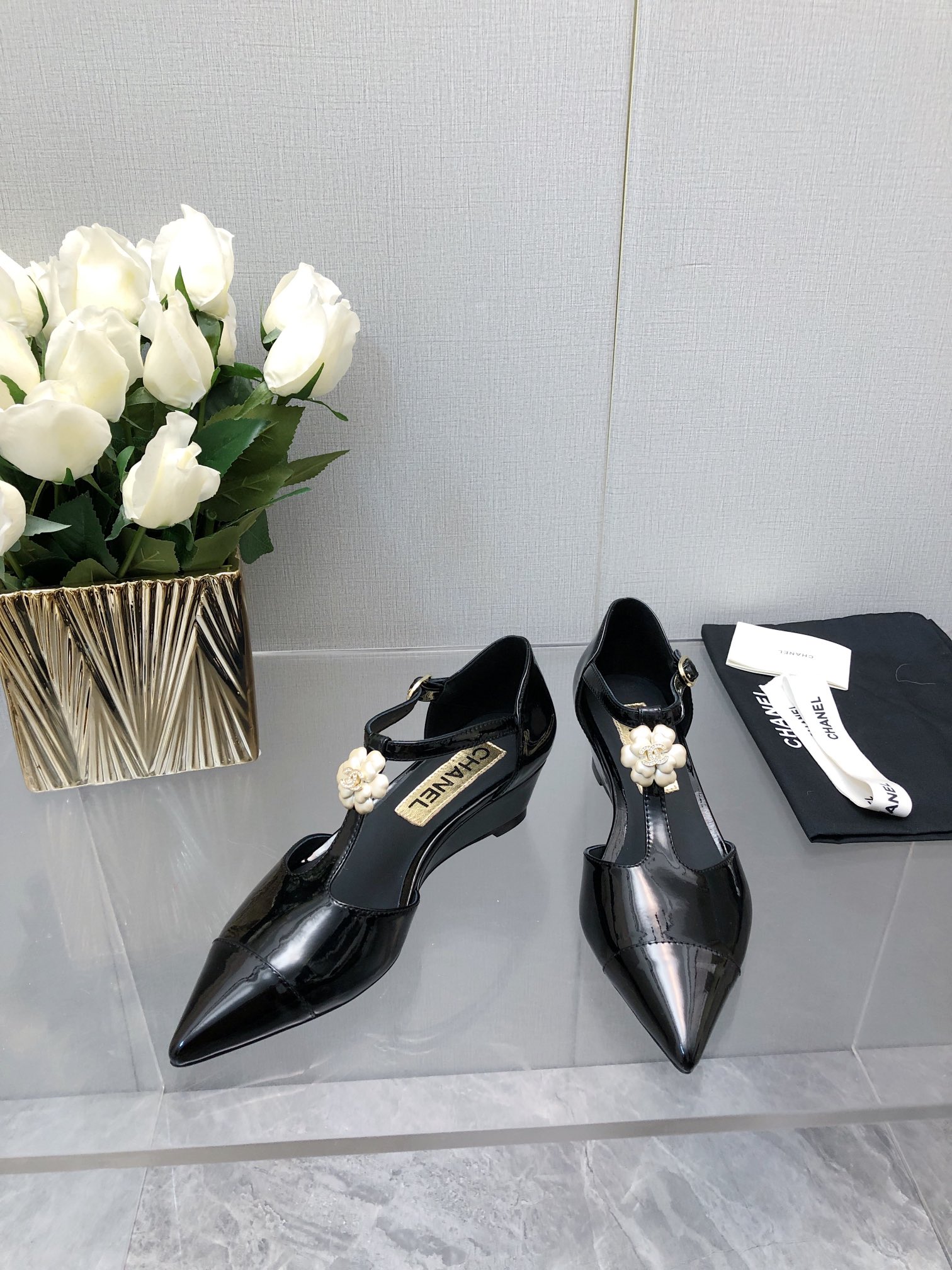 Chanel 25K Women's Black Lambskin Camellia T-Strap Wedge Sandals 4 i1701075379 738 4