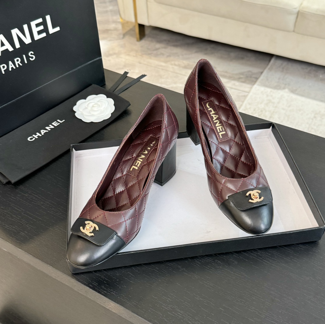 Chanel Quilted Leather Block Heel Pumps with CC Turn-Lock, Burgundy/Black 4 i1723188850 4564 1