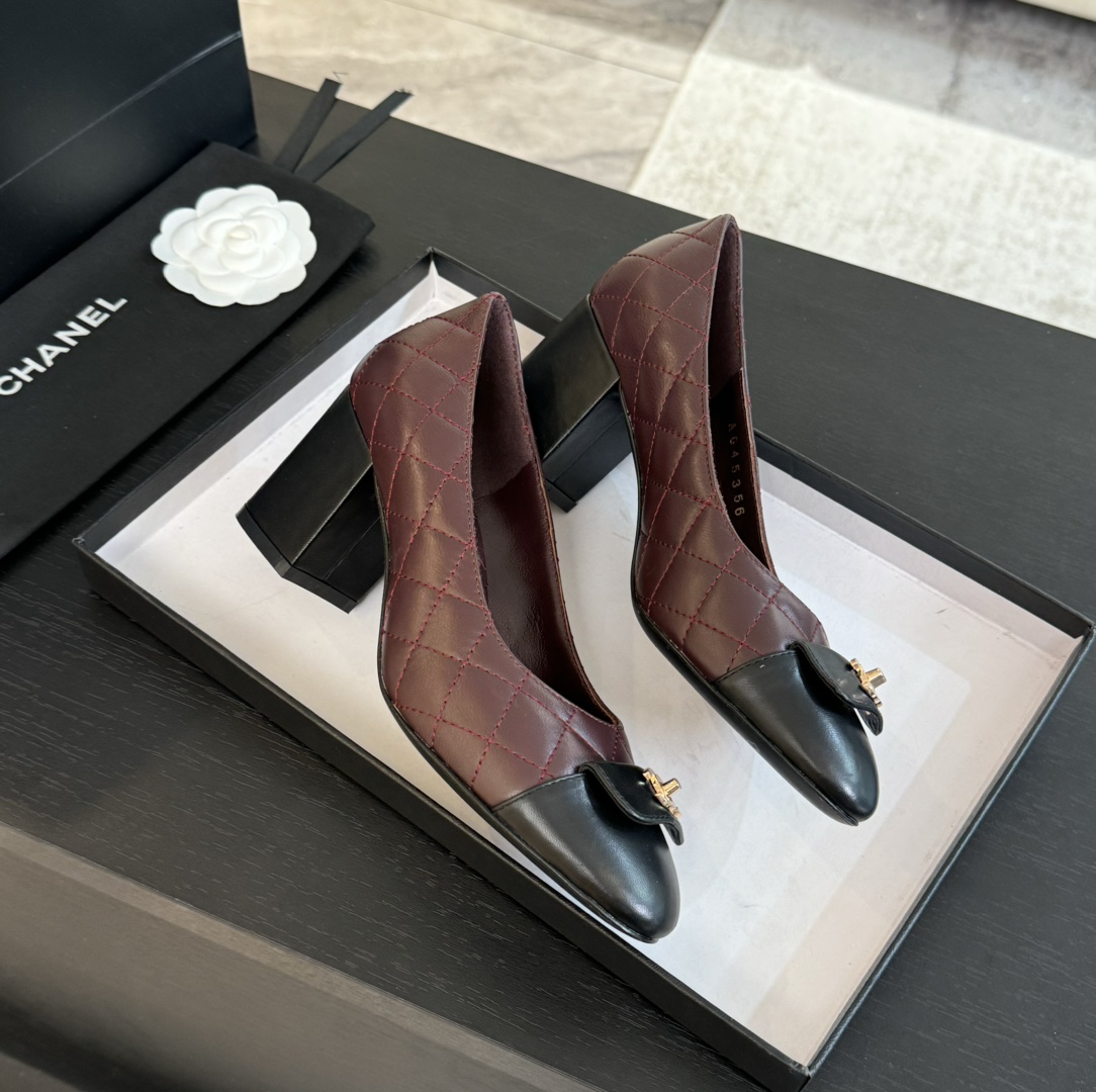 Chanel Quilted Leather Block Heel Pumps with CC Turn-Lock, Burgundy/Black 10 i1723188850 5909 3
