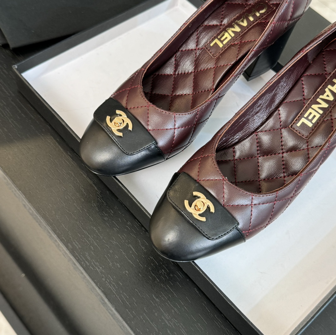 Chanel Quilted Leather Block Heel Pumps with CC Turn-Lock, Burgundy/Black 9 i1723188850 8082 6
