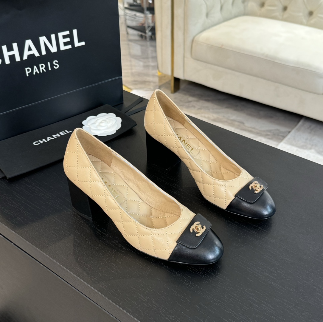 Chanel Inspired Quilted Leather Pumps with Iconic CC Turn-Lock, Beige/Black 2 i1723188901 8488 8