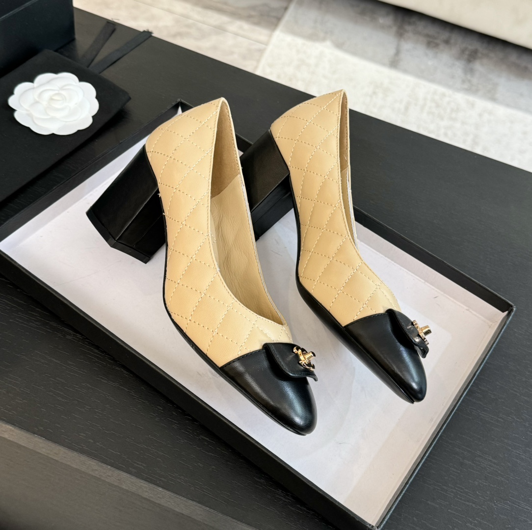 Chanel Inspired Quilted Leather Pumps with Iconic CC Turn-Lock, Beige/Black 10 i1723188901 8862 2