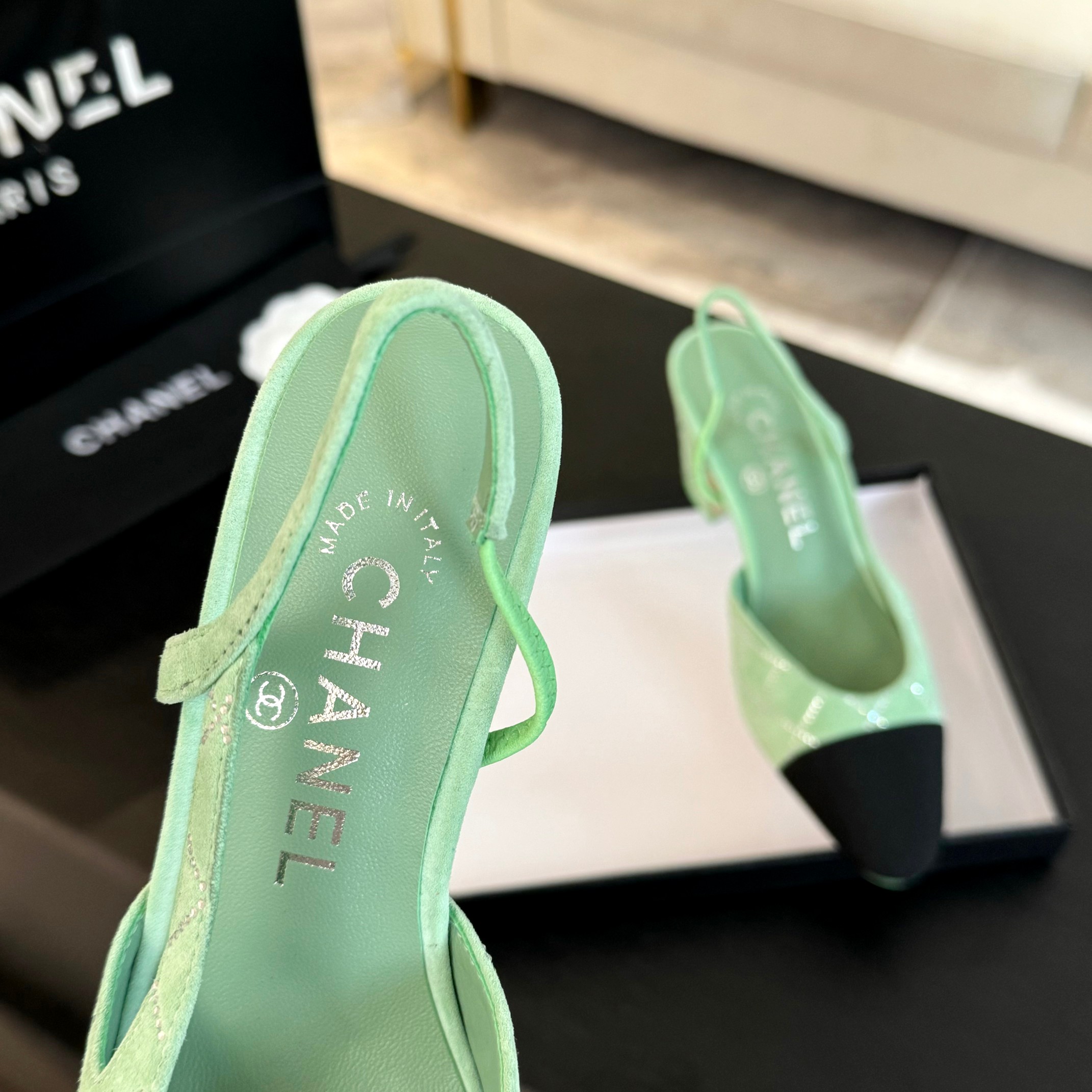 Chanel Women's Slingback High Heel Sandals - Lambskin & Silk Blend 7 a1732625205969 7061