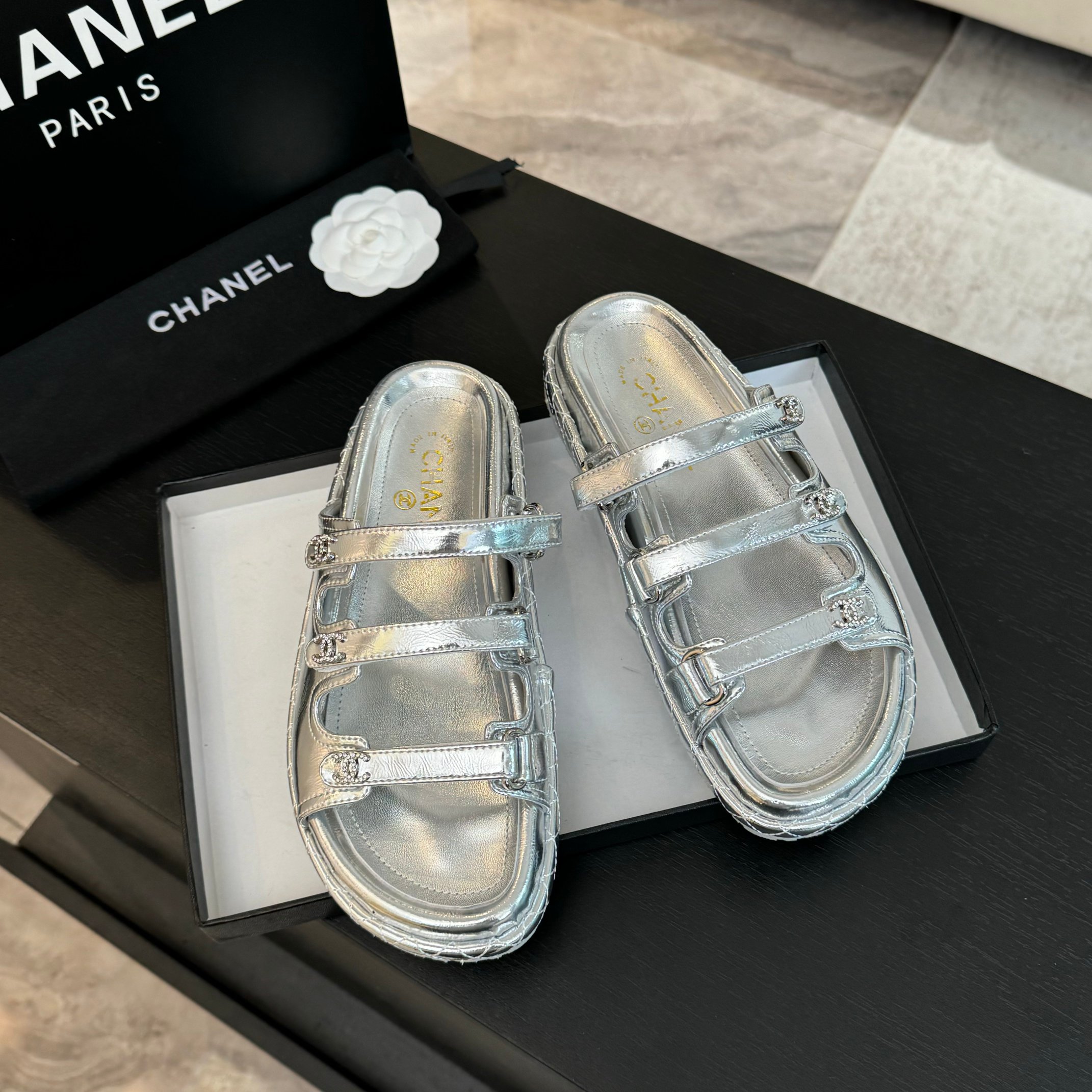 Chanel Silver Lambskin Velcro Beach Sandals - New Color Series 4 a1734085709857 8630