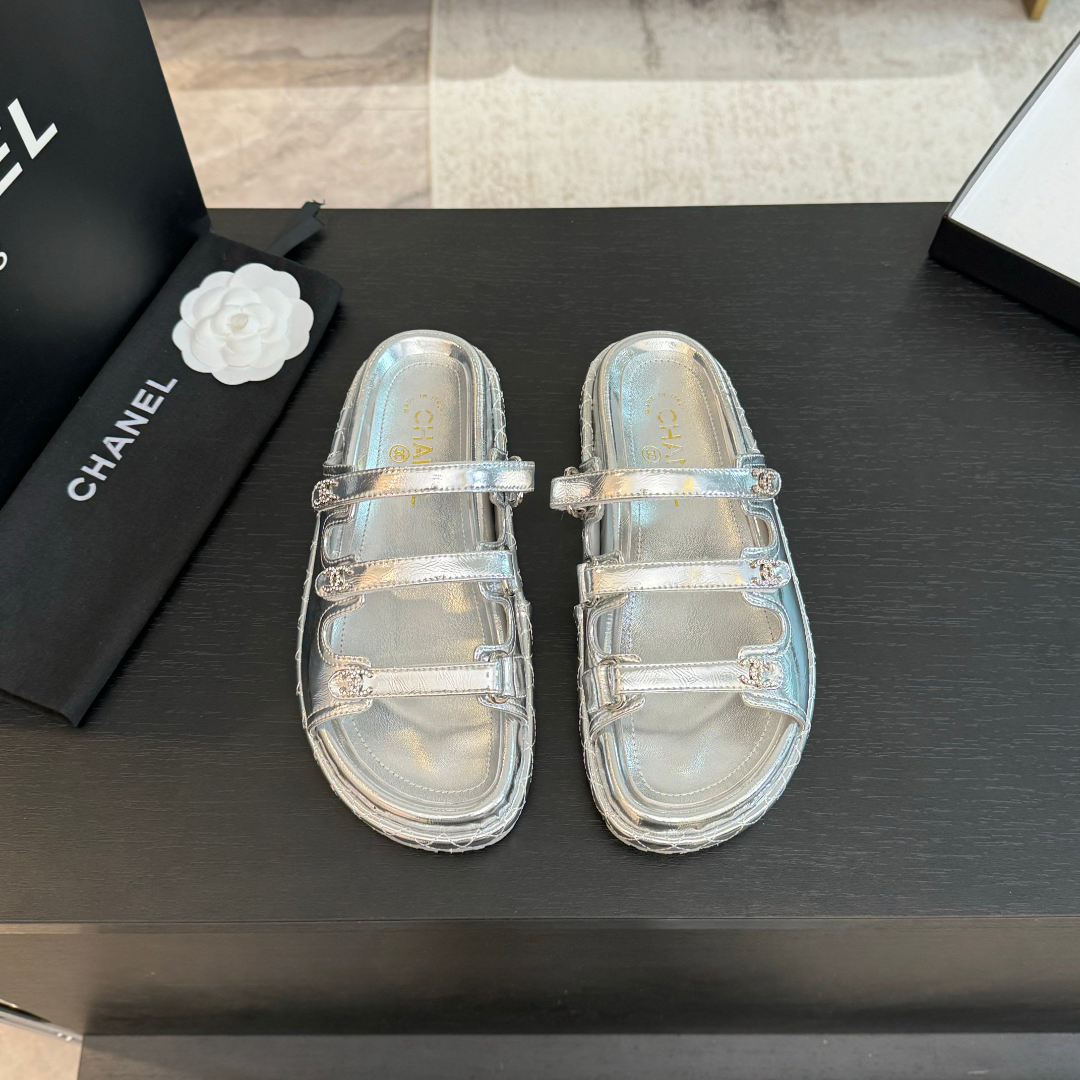 Chanel Silver Lambskin Velcro Beach Sandals - New Color Series 3 a1734085727875 6784