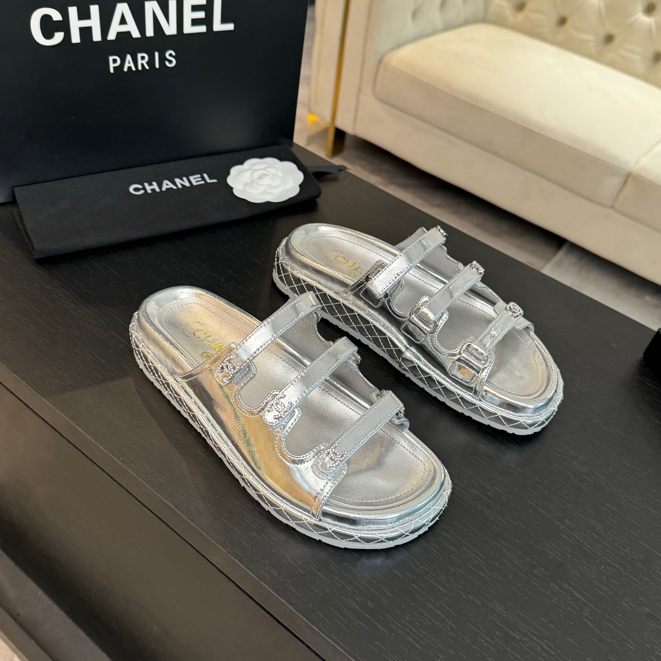 Chanel Silver Lambskin Velcro Beach Sandals - New Color Series 2 a1734085727931 8330