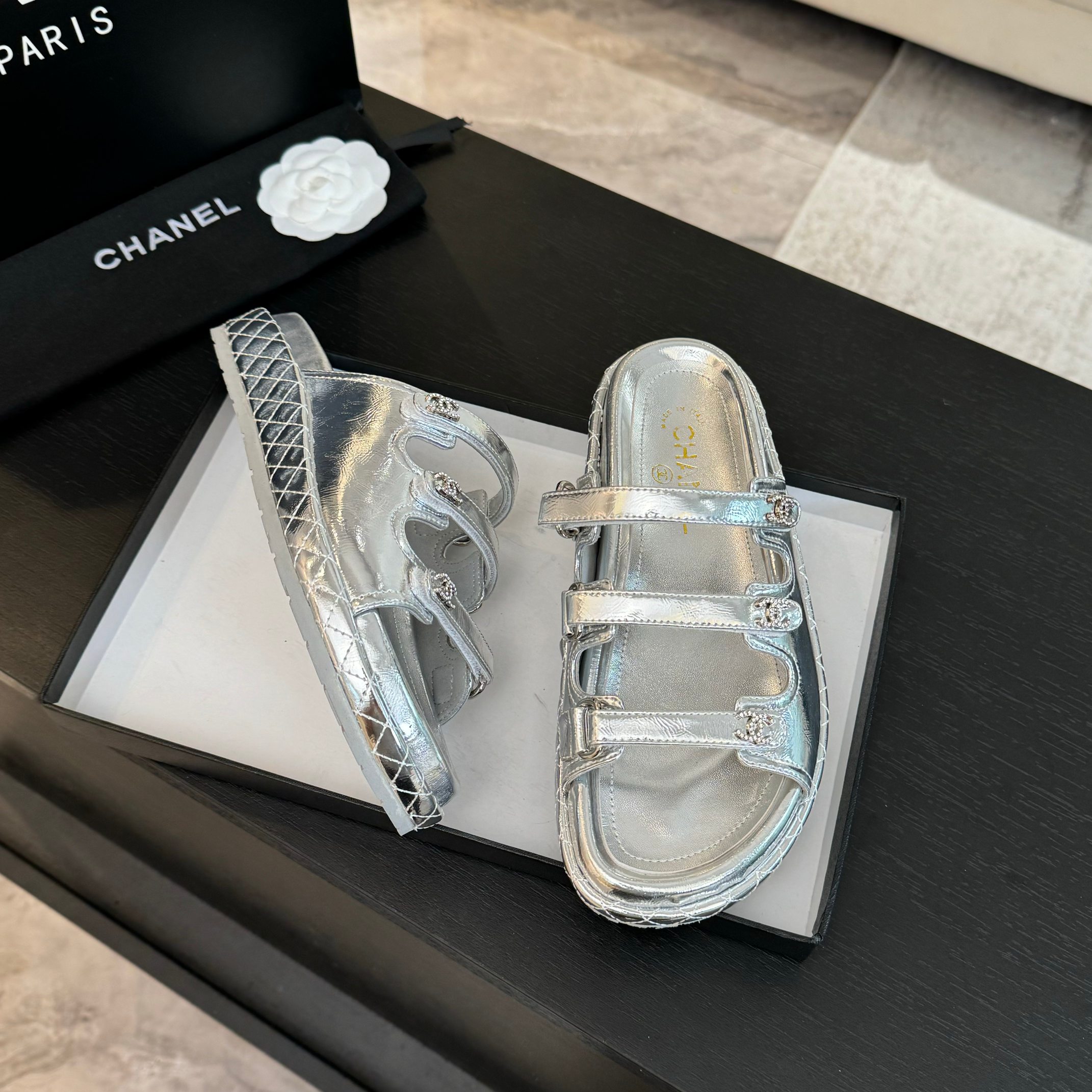 Chanel Silver Lambskin Velcro Beach Sandals - New Color Series 5 a1734085728285 5562