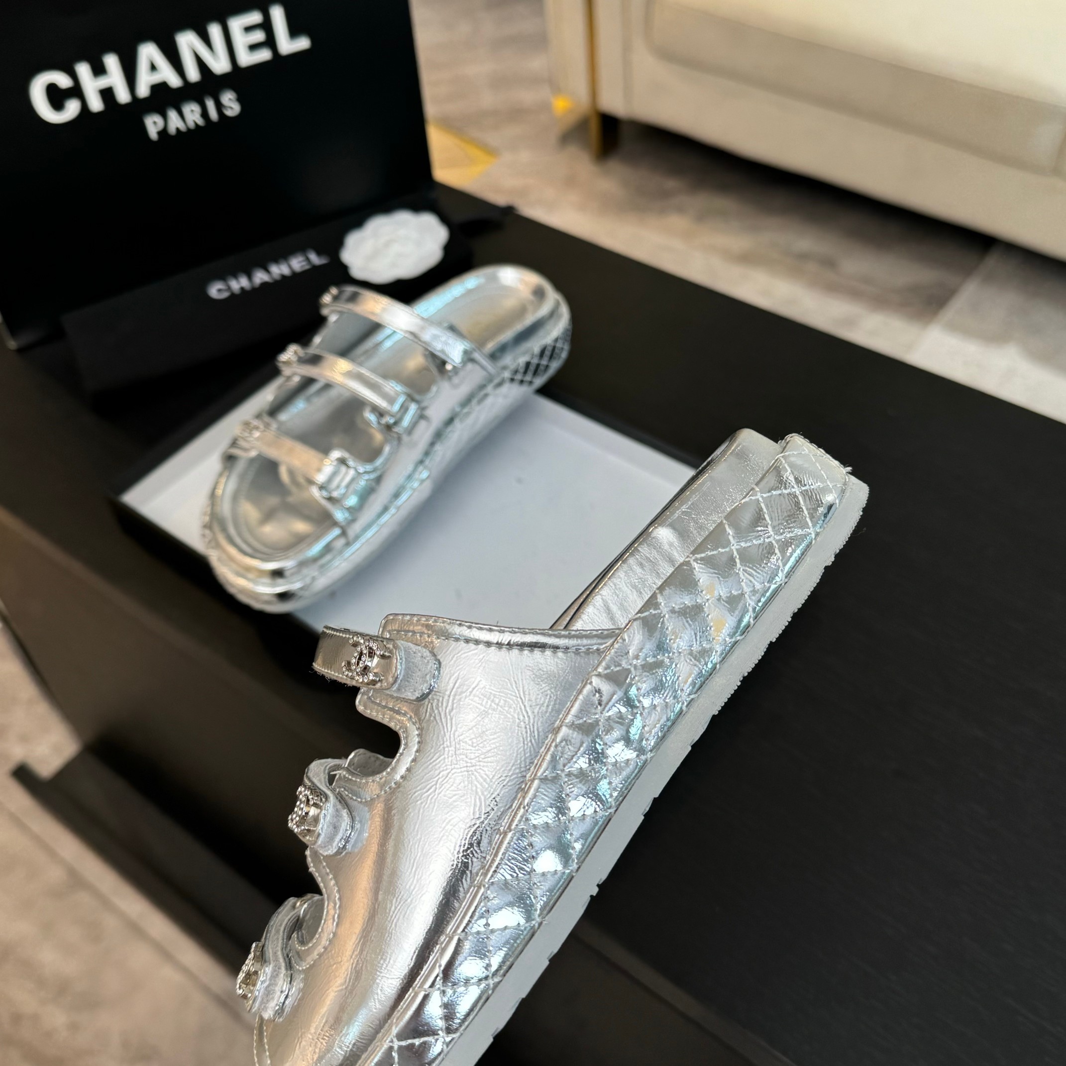 Chanel Silver Lambskin Velcro Beach Sandals - New Color Series 9 a1734085731103 4758