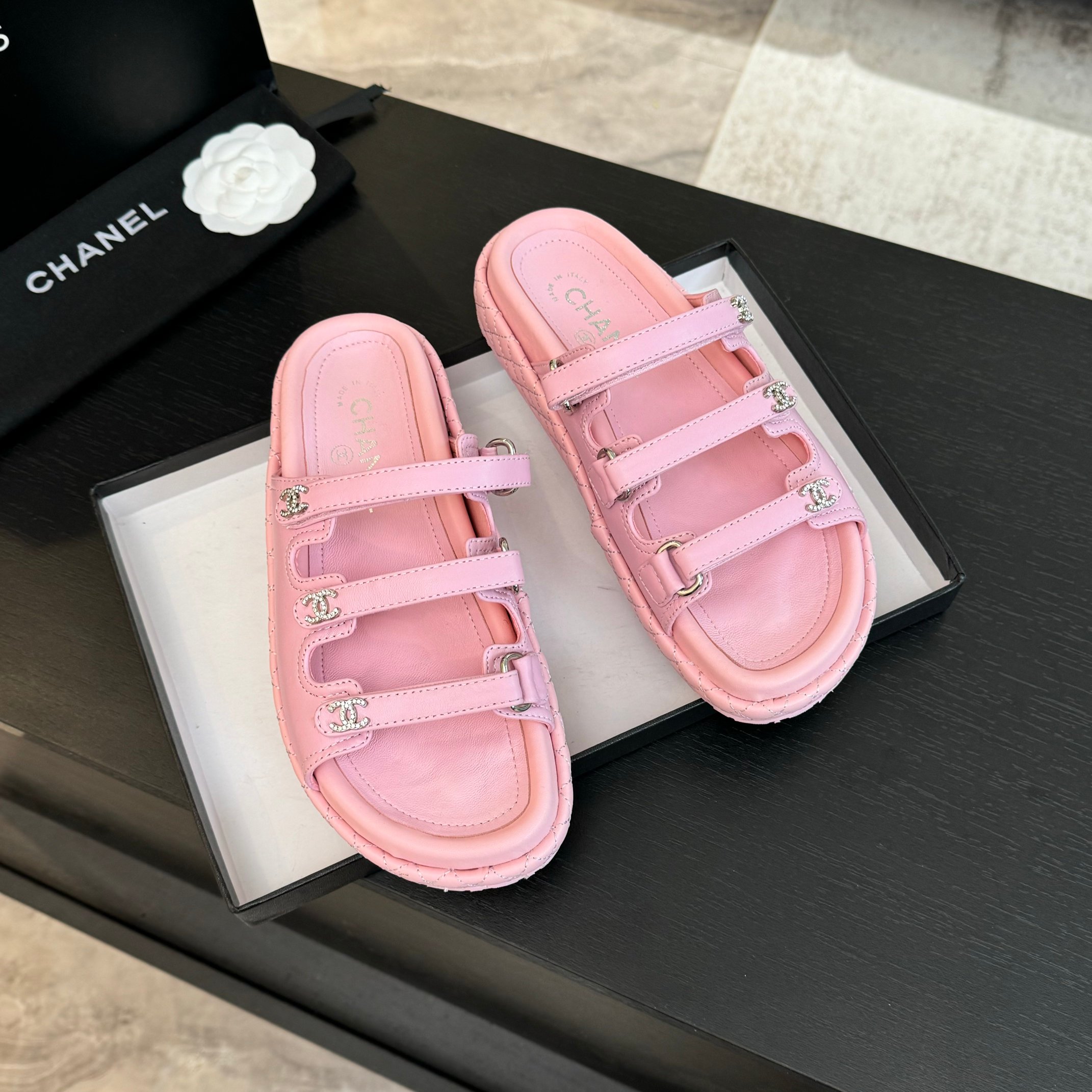 Chanel Women's Pink Lambskin Velcro Strap Sandals 5 a1734085743187 6151