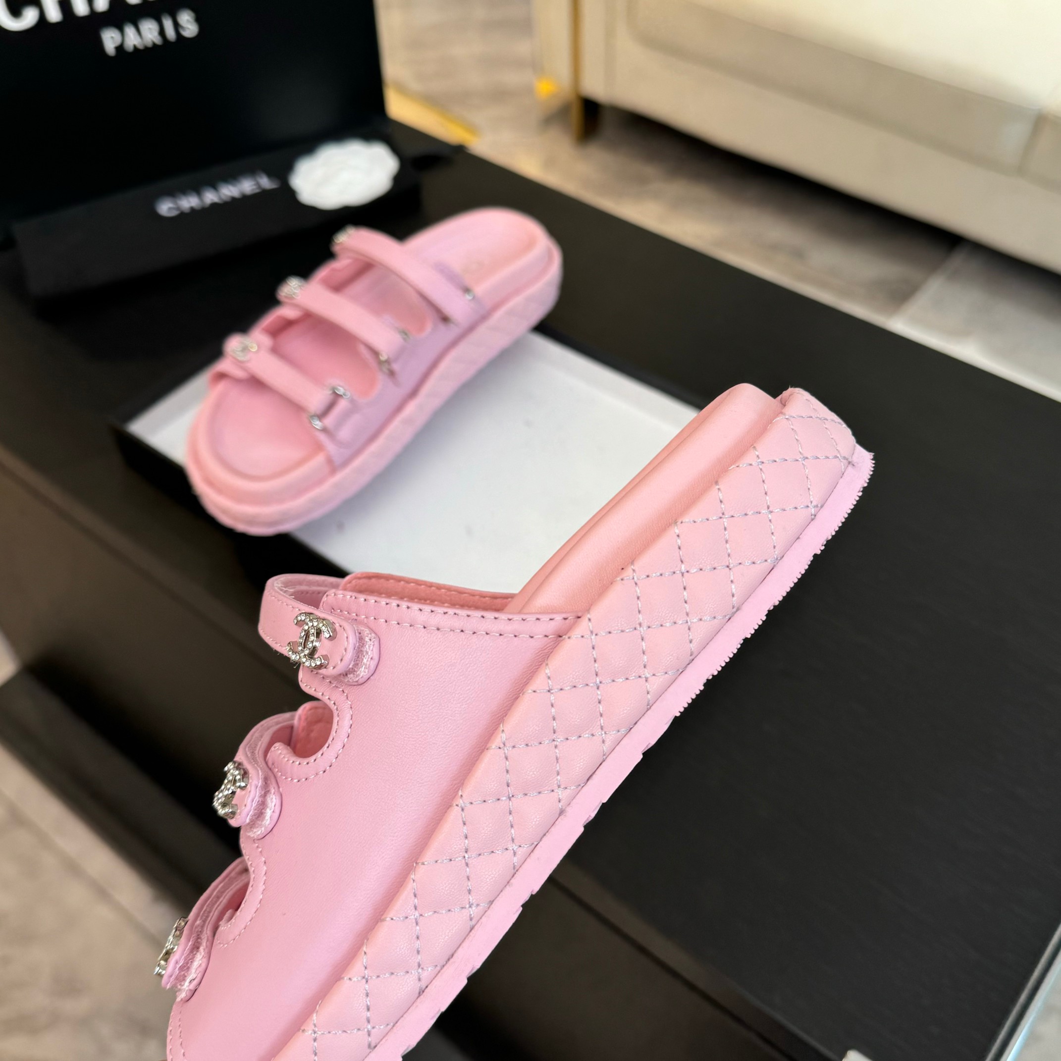 Chanel Women's Pink Lambskin Velcro Strap Sandals 7 a1734085752379 5373