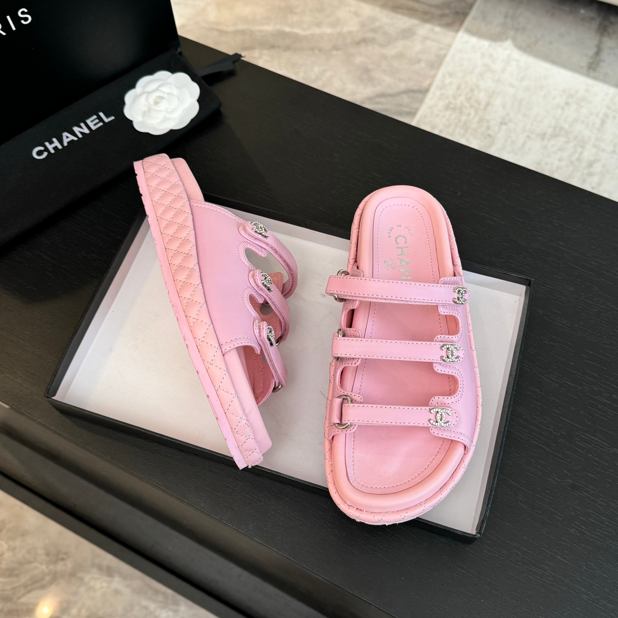Chanel Women's Pink Lambskin Velcro Strap Sandals 8 a1734085752708 8818