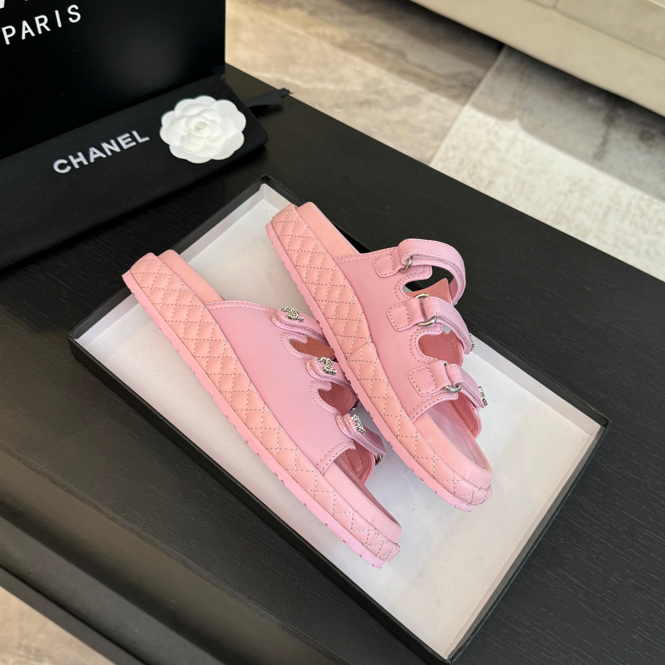 Chanel Women's Pink Lambskin Velcro Strap Sandals 9 a1734085754431 7650