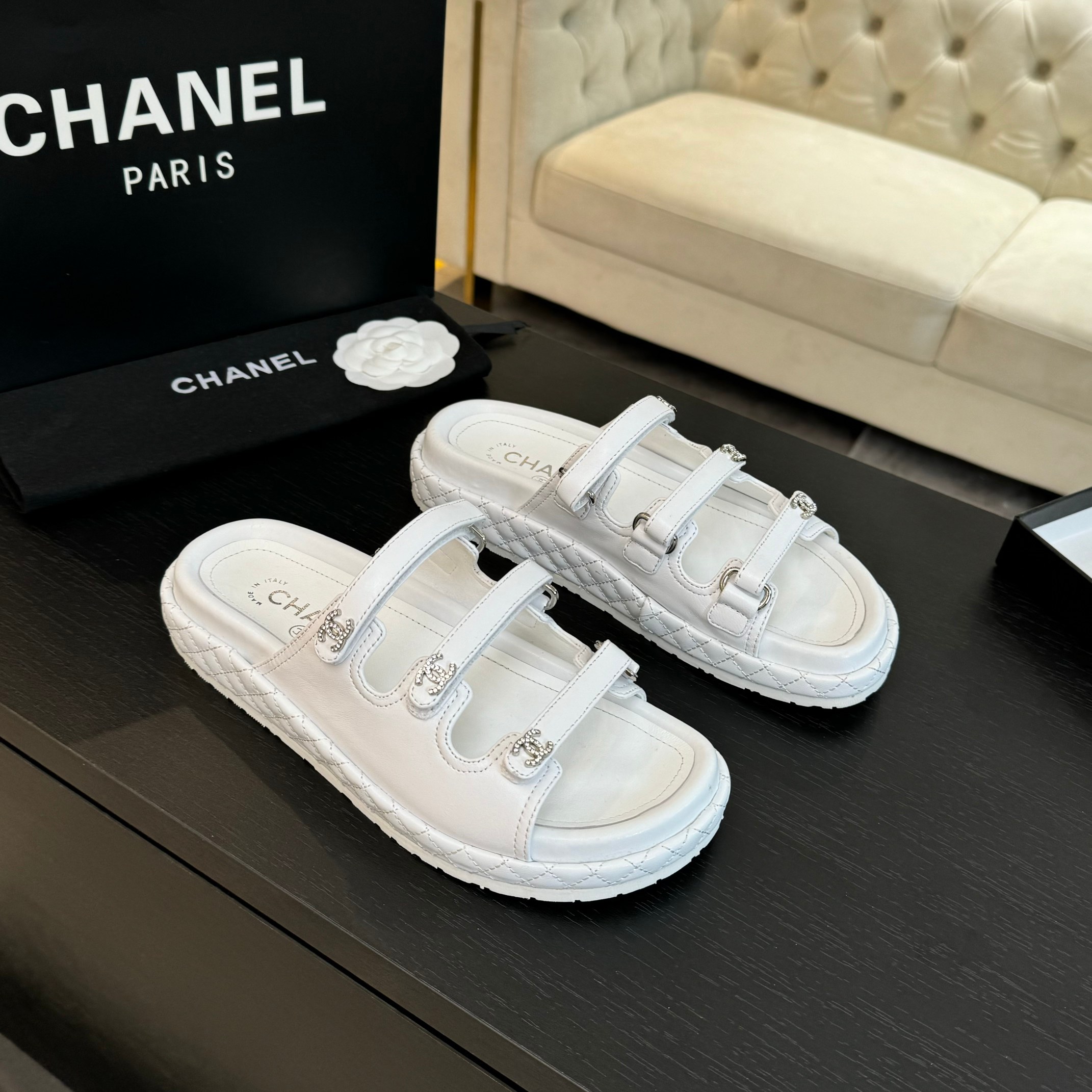 Elegant Chanel White Leather Velcro Strap Sandals - Spring/Summer Collection 2 a1734085781460 7525