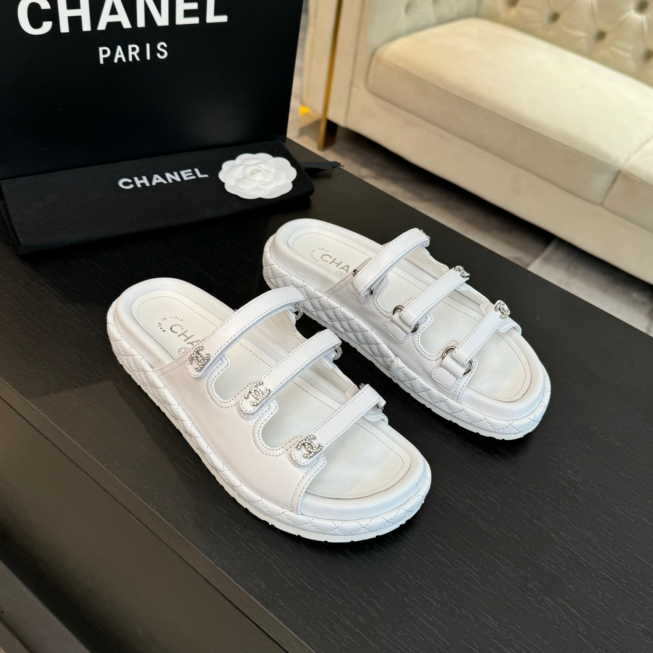 Elegant Chanel White Leather Velcro Strap Sandals - Spring/Summer Collection 4 a1734085783488 3048