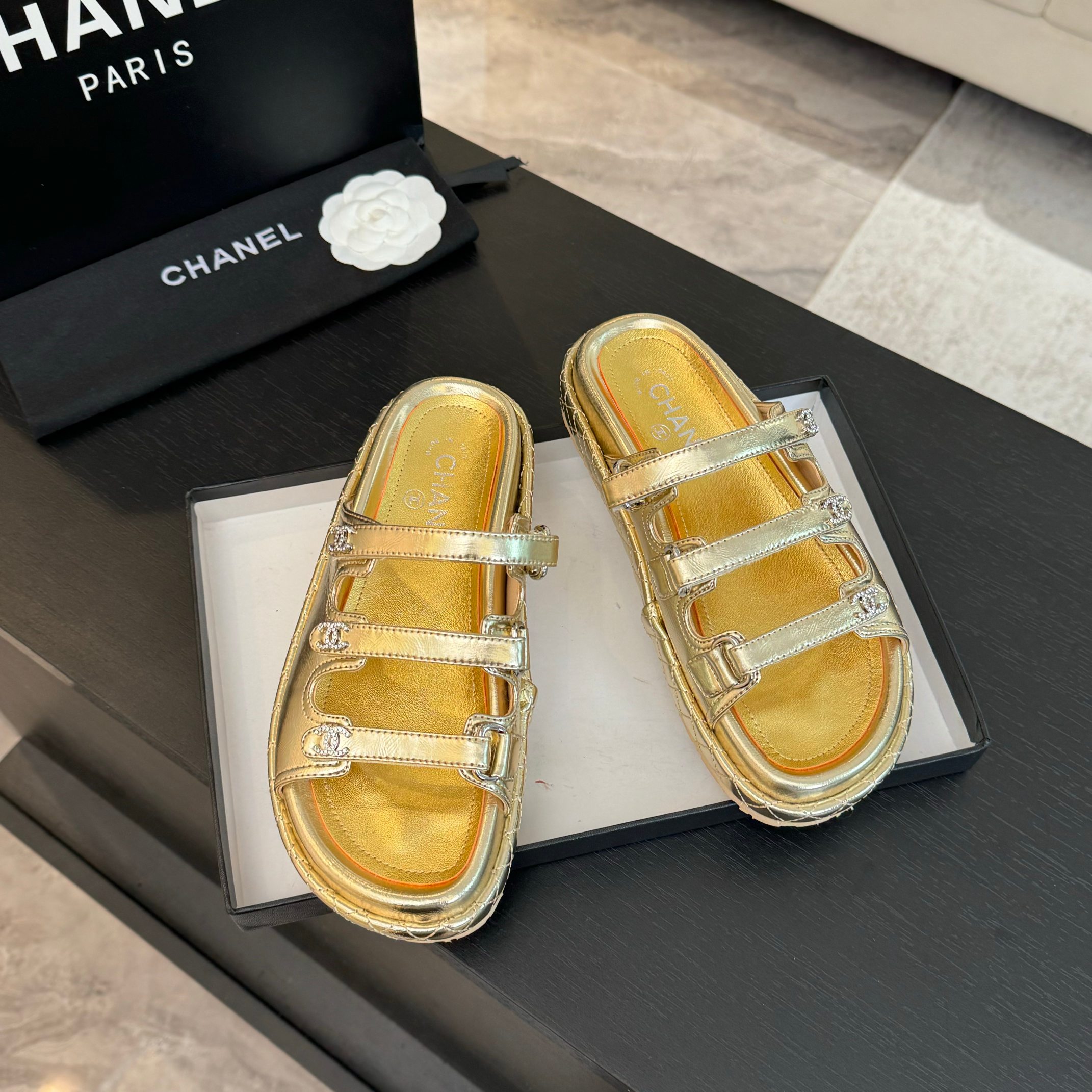 Chanel Women's Gold Lambskin Sandals - Must-Have Summer Beach Slides 5 a1734085808530 0303