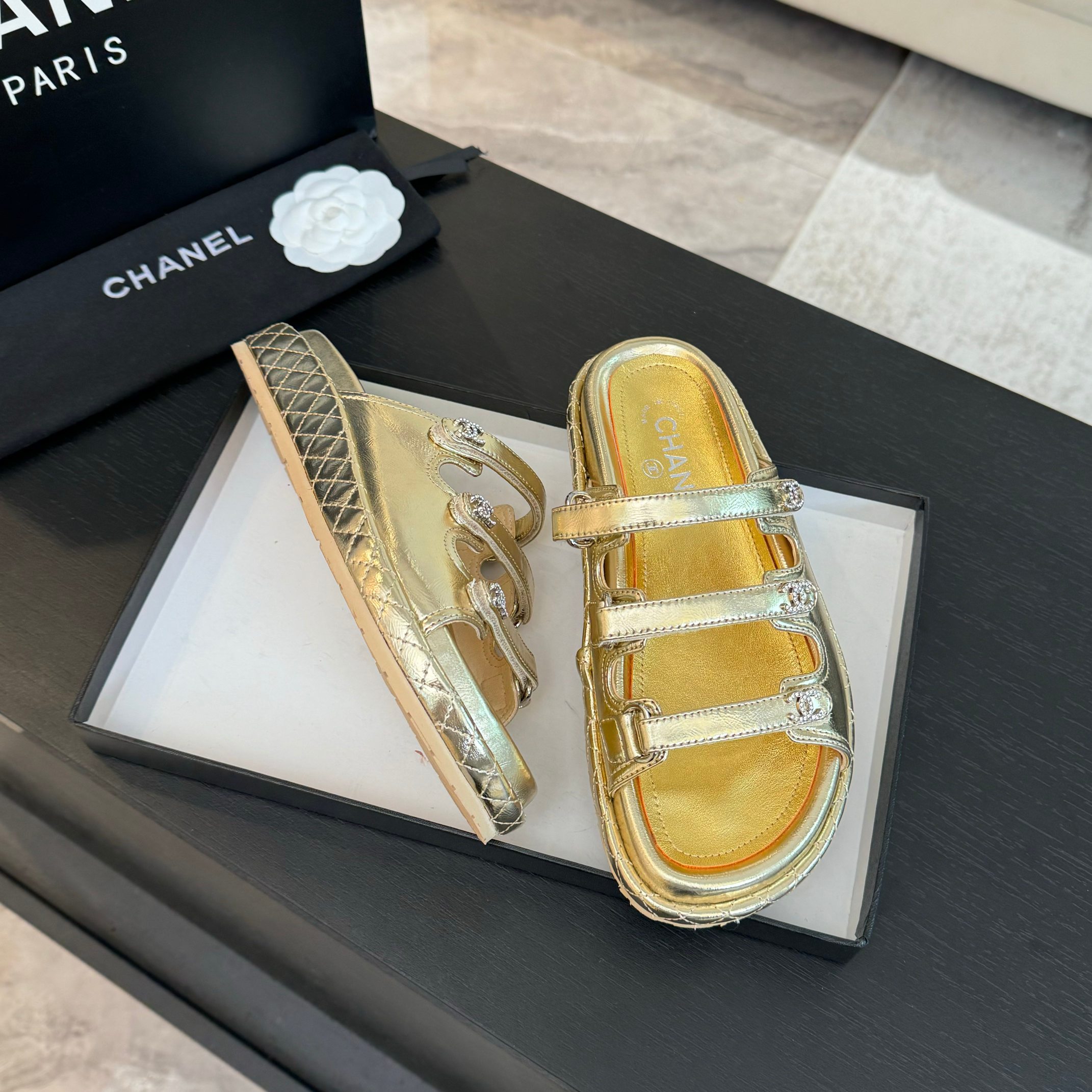 Chanel Women's Gold Lambskin Sandals - Must-Have Summer Beach Slides 6 a1734085829202 2477