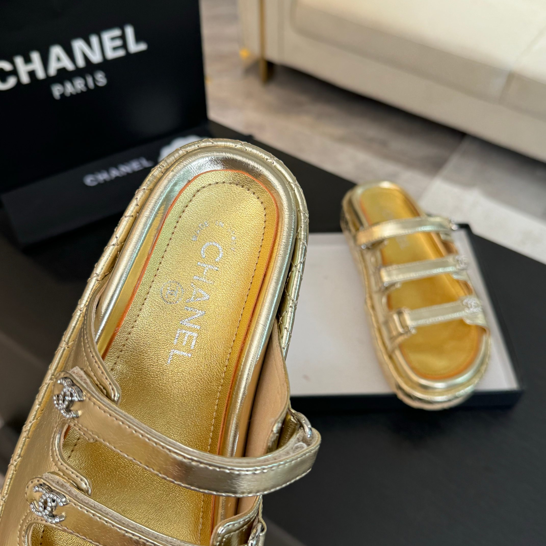 Chanel Women's Gold Lambskin Sandals - Must-Have Summer Beach Slides 7 a1734085829203 4128
