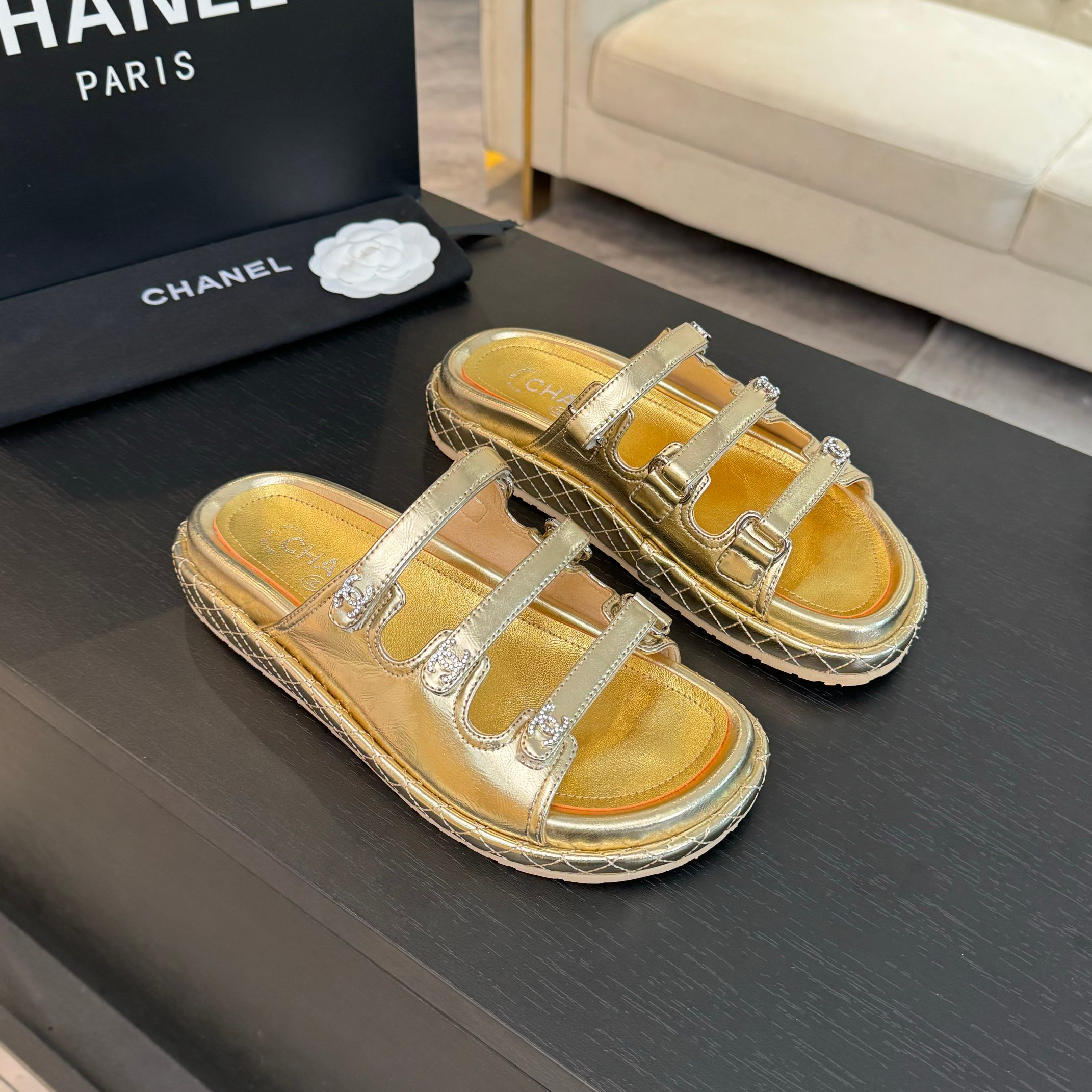 Chanel Women's Gold Lambskin Sandals - Must-Have Summer Beach Slides 2 a1734085829276 0820