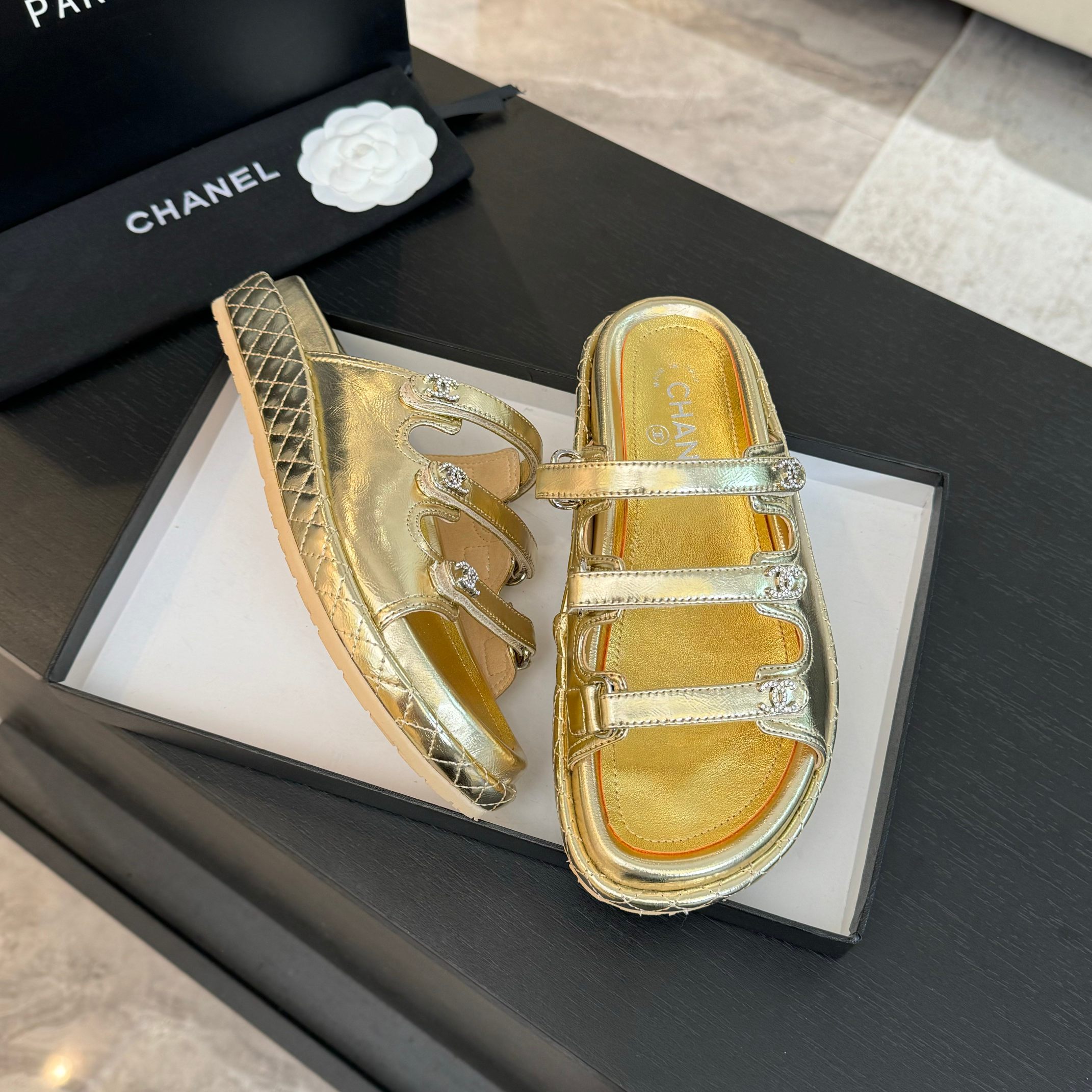 Chanel Women's Gold Lambskin Sandals - Must-Have Summer Beach Slides 8 a1734085831275 1612