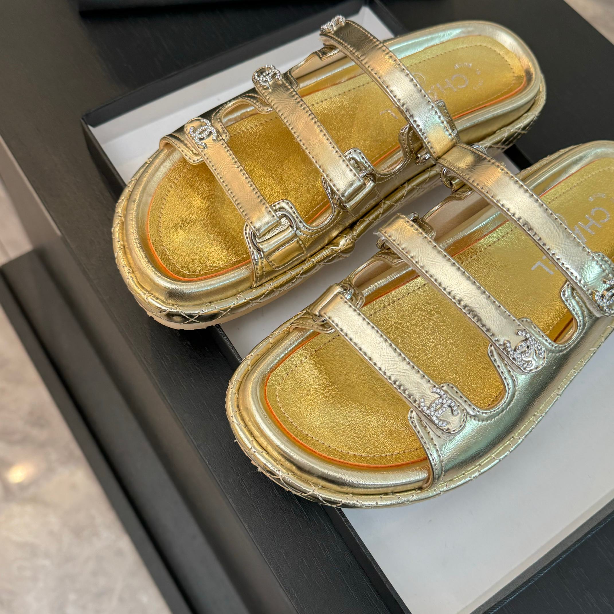 Chanel Women's Gold Lambskin Sandals - Must-Have Summer Beach Slides 10 a1734085831317 2223