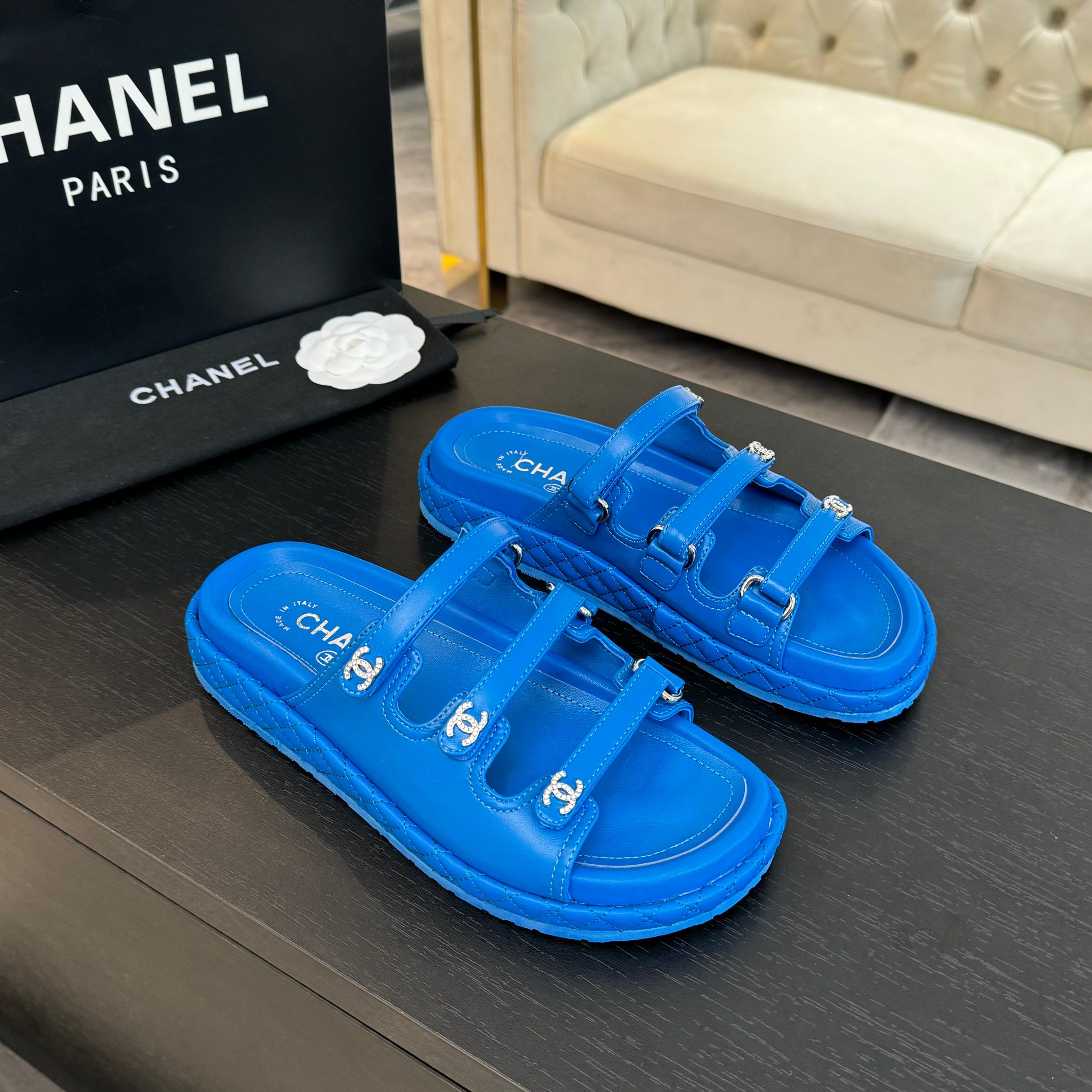 Elegant Leather Beach Sandals with Velcro Straps Design for Women, Blue 2 a1734085883477 5165