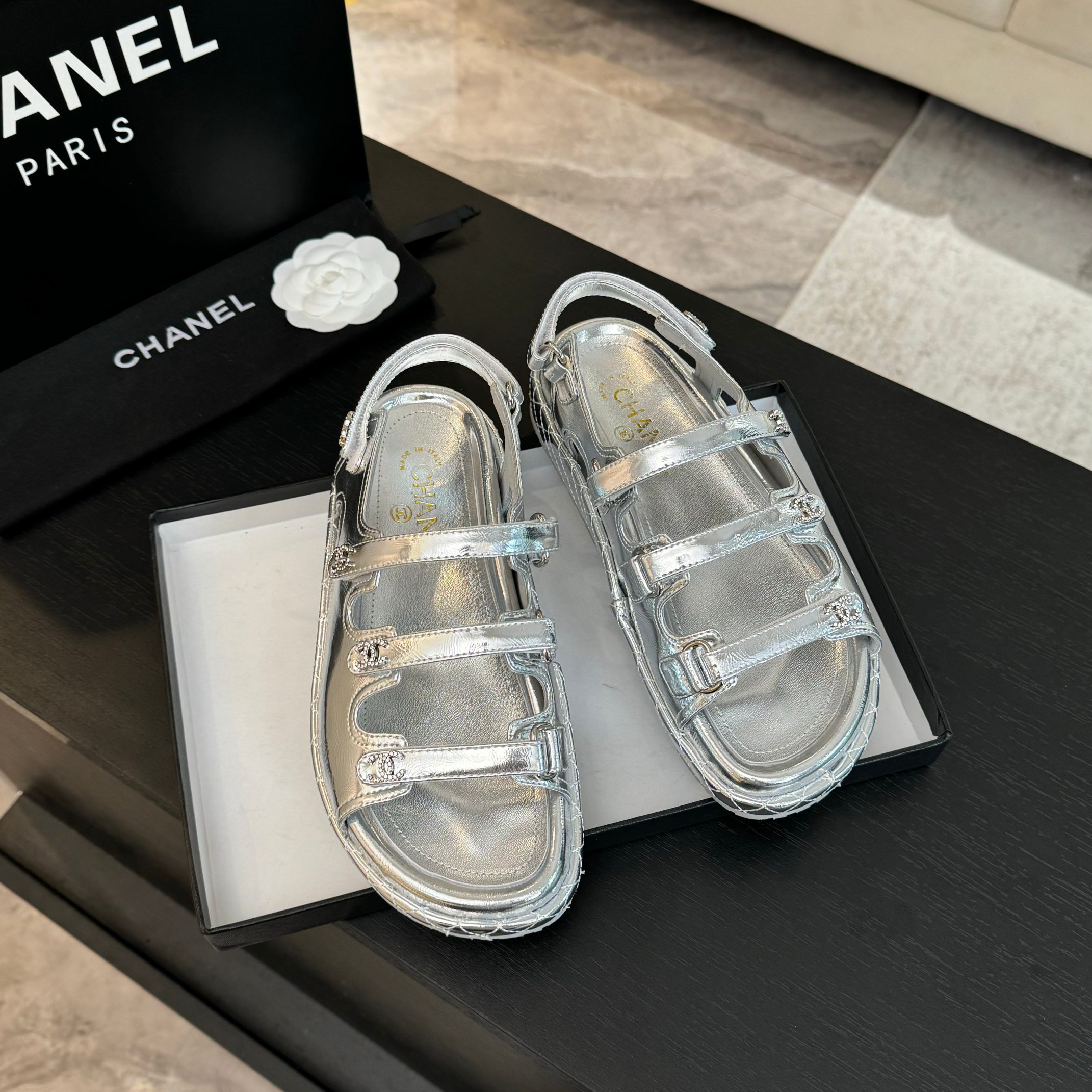 Chanel Silver Leather Sandals with Velcro Straps - Spring/Summer Collection 9 a1734085907834 8587