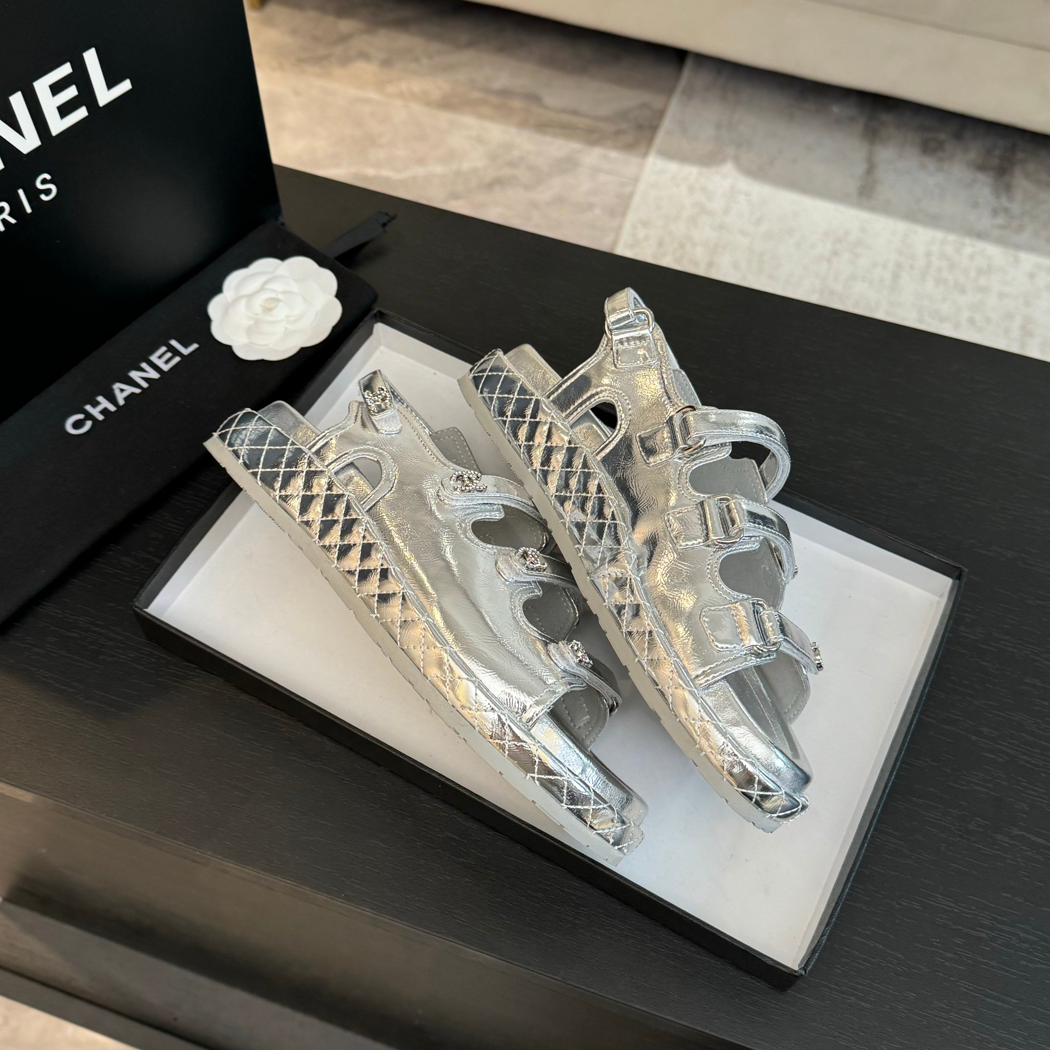 Chanel Silver Leather Sandals with Velcro Straps - Spring/Summer Collection 6 a1734085919685 3212