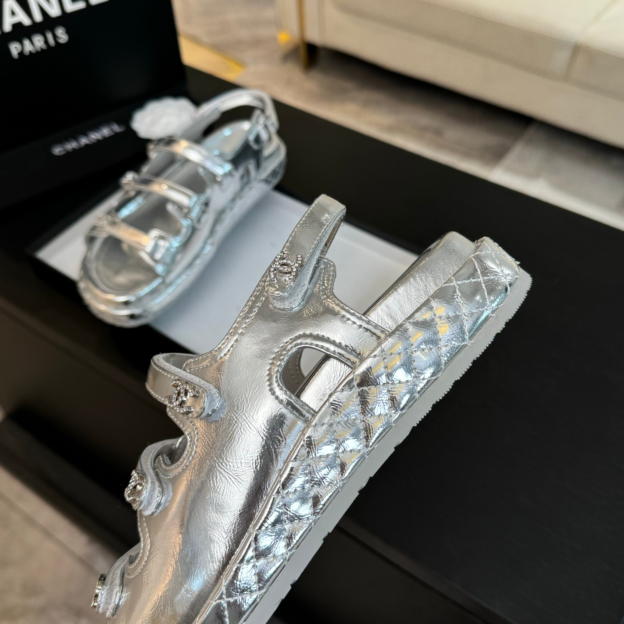 Chanel Silver Leather Sandals with Velcro Straps - Spring/Summer Collection 4 a1734085919757 0644